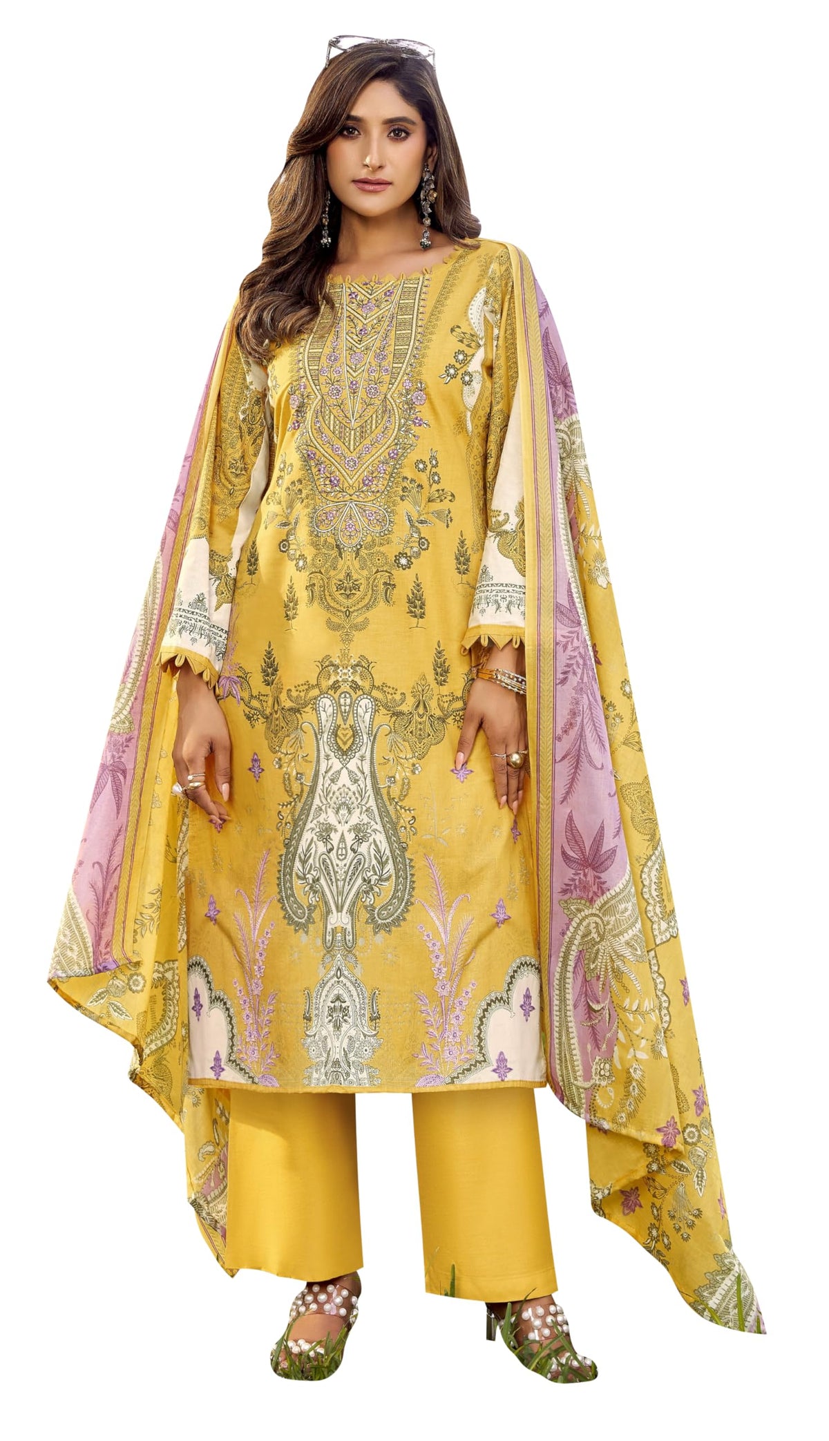 DRAVINAM Trends Women's Unstitched Cotton Suit Dress Material -Embroidered Digital Print Top II Plain Bottoms II Digital Print Dupatta
