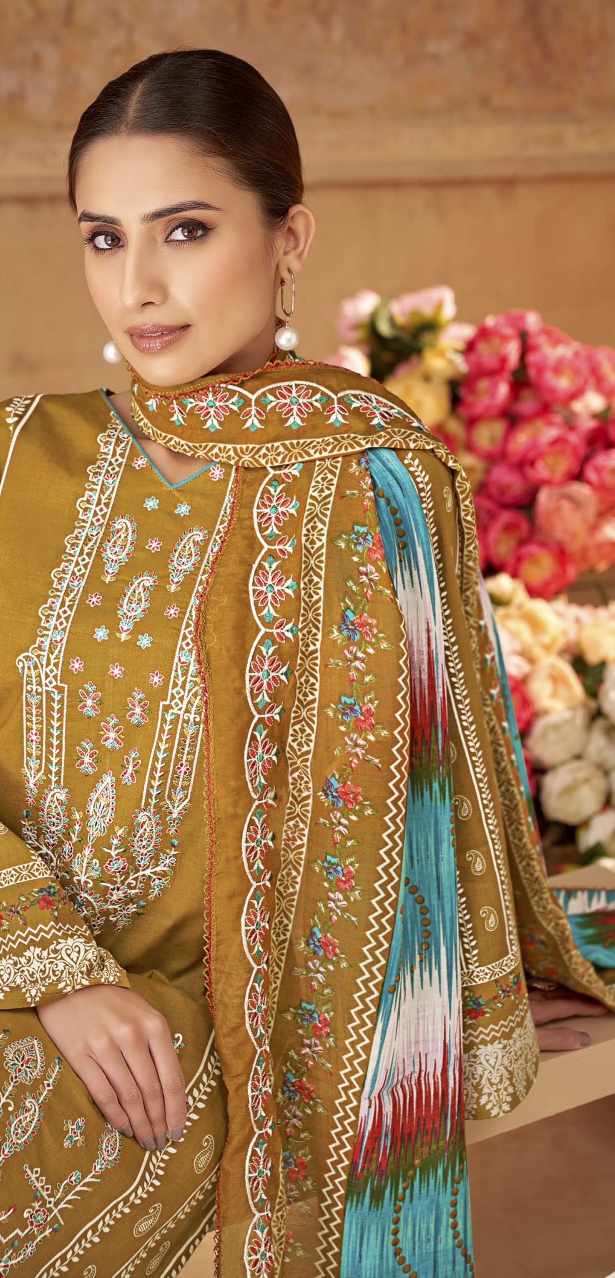 DRAVINAM Trends Unstitched Cotton Suit Dress Material Set: Pakistani Print Top Fabric with Embroidery | Customizable Solid Bottoms | Cotton Fancy Dupatta