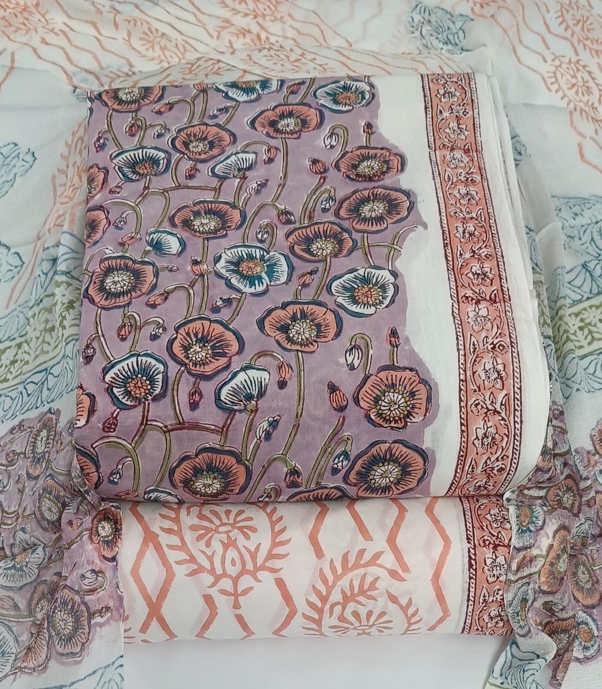 DRAVINAM Trends Hand Block Print Cambric Cotton Unstitched Salwar Suit Set for Women with Pure Chiffon Hand Printed Dupatta