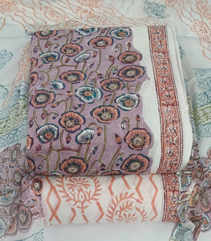 DRAVINAM Trends Hand Block Print Cambric Cotton Unstitched Salwar Suit Set for Women with Pure Chiffon Hand Printed Dupatta