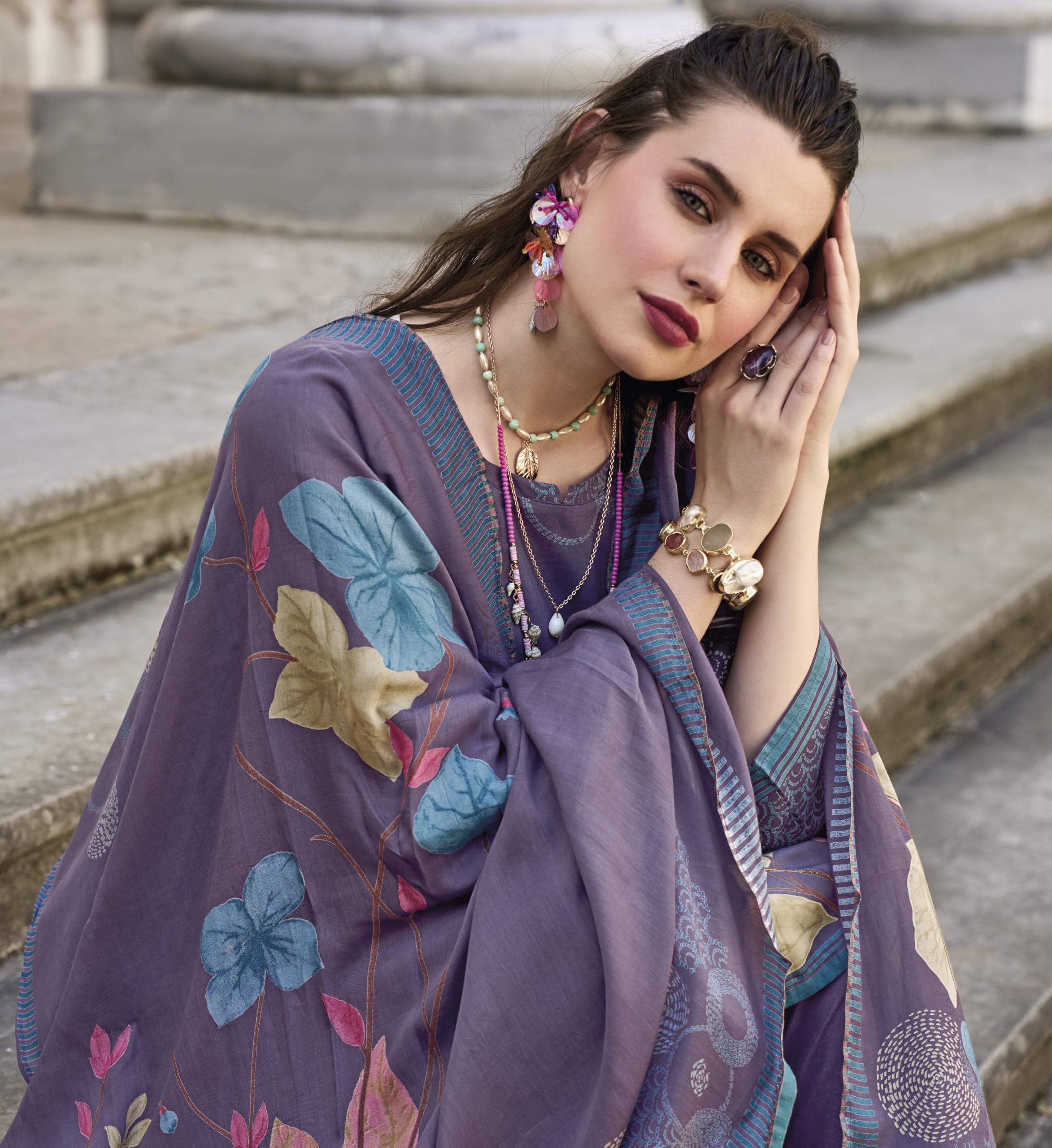 DRAVINAM Trends Women's Unstitched Salwar Suit Dress Material II Pure Jaam Silk Digital Print Hand Embroidered Kameez II Plain Unstitched Bottoms II Maslin Zari Bordered Dupatta