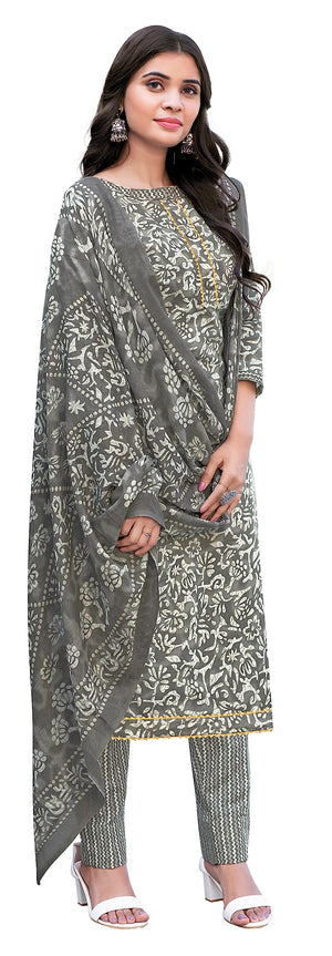 DRAVINAM Trends Women's Pure Cotton Batik Printed Unstitiched Salwar Suit Dress Material with Cotton Printed Dupatta (Grey)