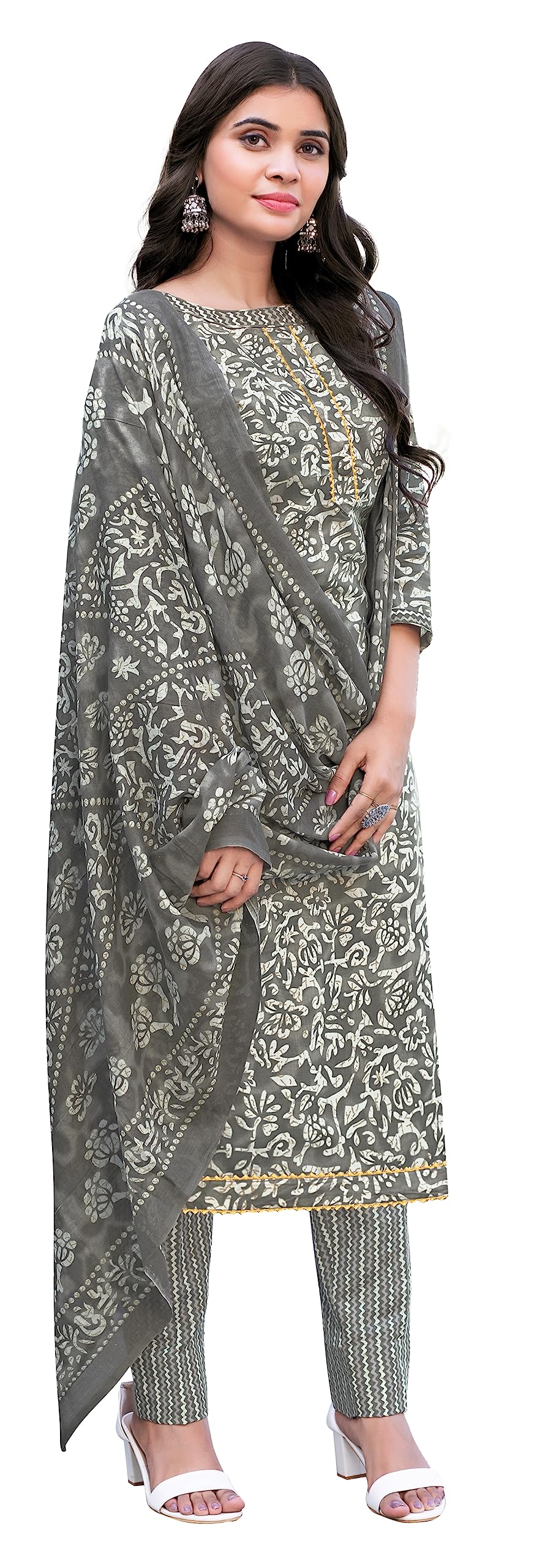 DRAVINAM Trends Women's Pure Cotton Batik Printed Unstitiched Salwar Suit Dress Material with Cotton Printed Dupatta (Grey)