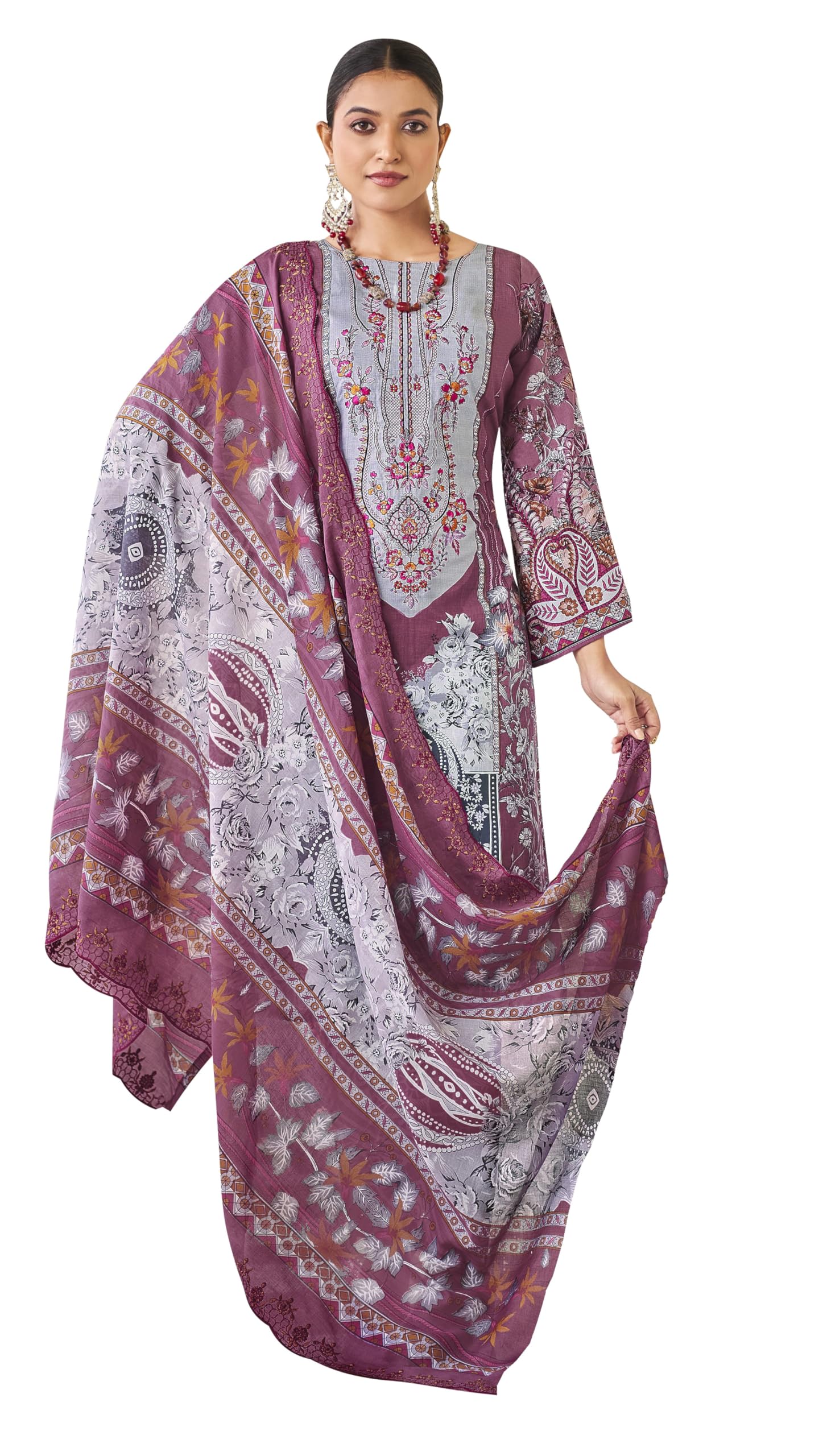 DRAVINAM Trends Women's Unstitched Pakistani Digital Print Embroidered Pure Cotton Salwar Suit Dress Materials with Cotton Embroidered Cutwork Dupatta