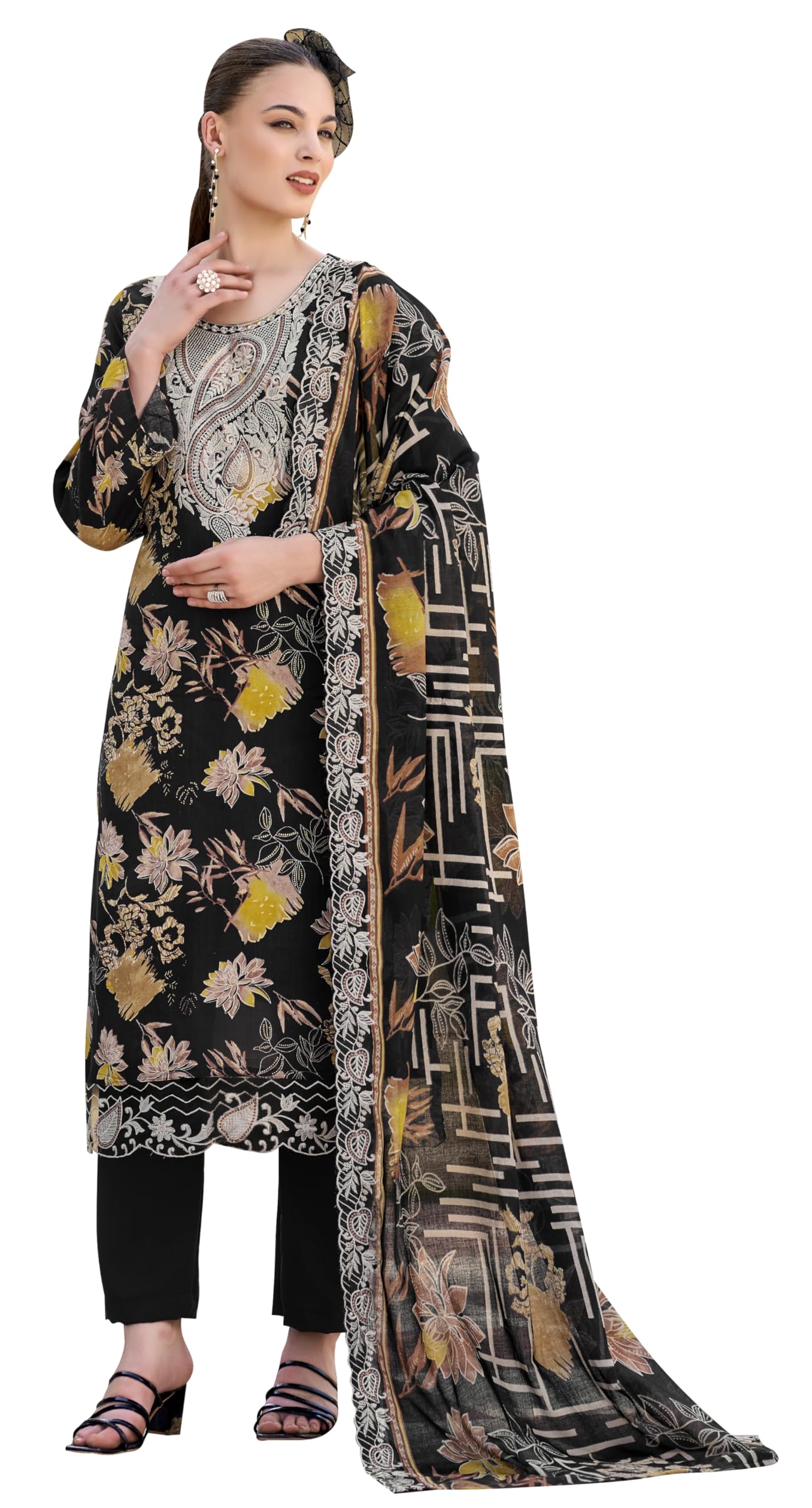 DRAVINAM Trends Pure Viscose Rayon Digital Printed Fancy Embroidered Organza Lace Suit Dress Material with Unstitched Bottoms and Cotton Cutwork Embroidered Dupatta