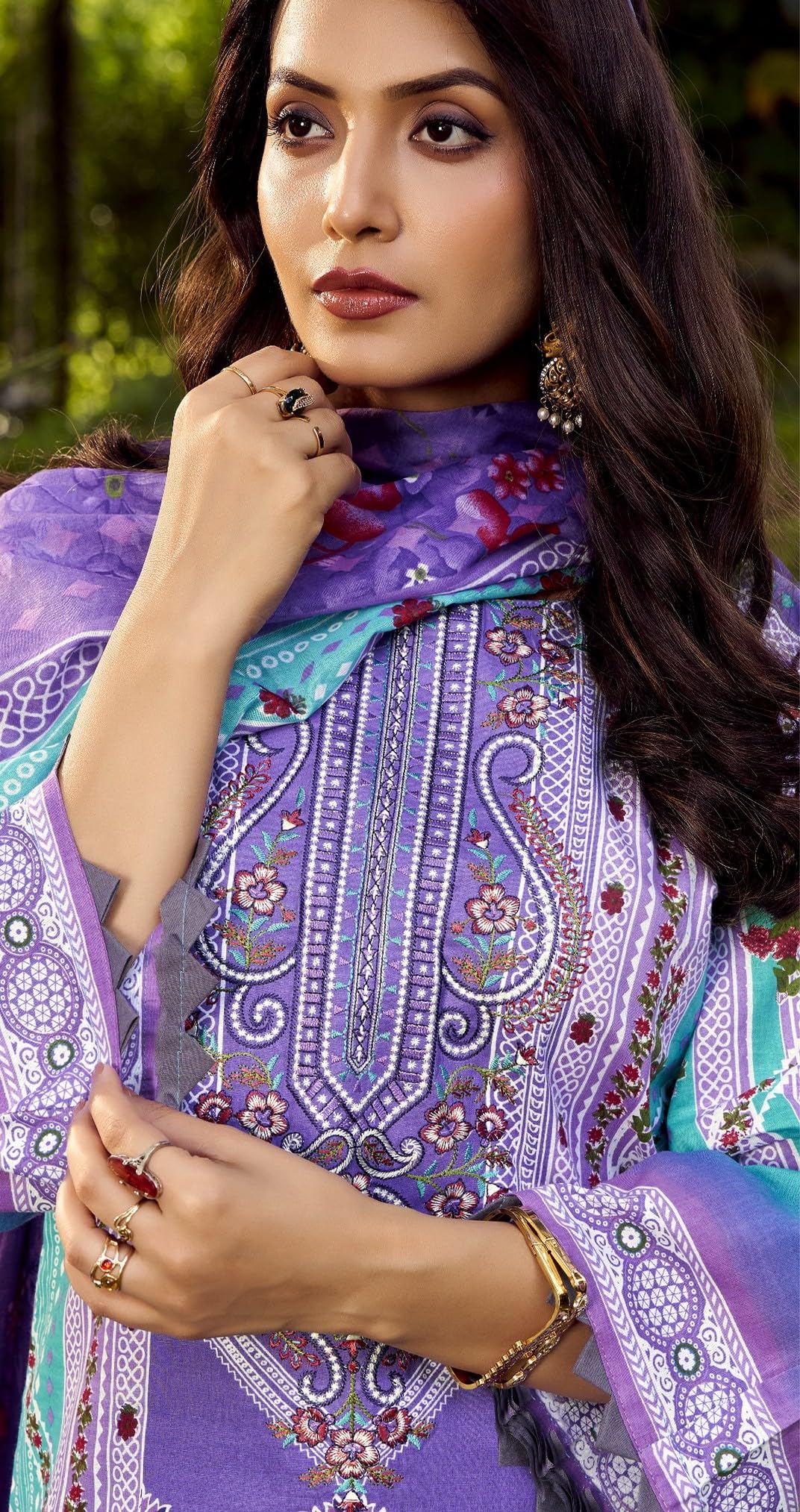 DRAVINAM Trends Women's Unstitched Cotton Suit Dress Material -Embroidered Digital Print Top II Plain Bottoms II Digital Print Dupatta