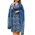 Unstitched Hand Block Indigo Dabu Print Cambric Cotton Suit Dress Material for Women with Pure Chiffon Hand Printed Dupatta