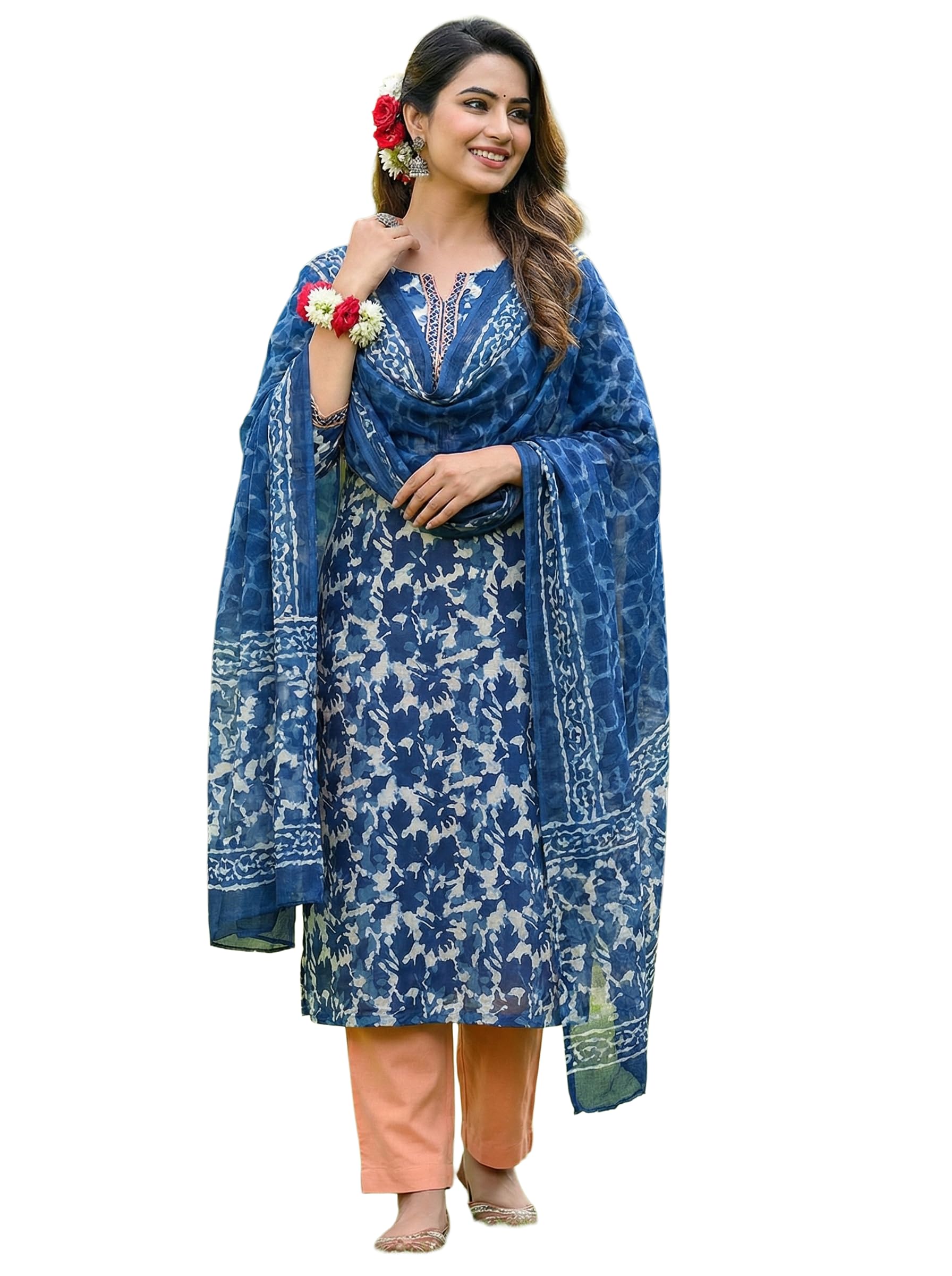 Unstitched Hand Block Indigo Dabu Print Cambric Cotton Suit Dress Material for Women with Pure Chiffon Hand Printed Dupatta