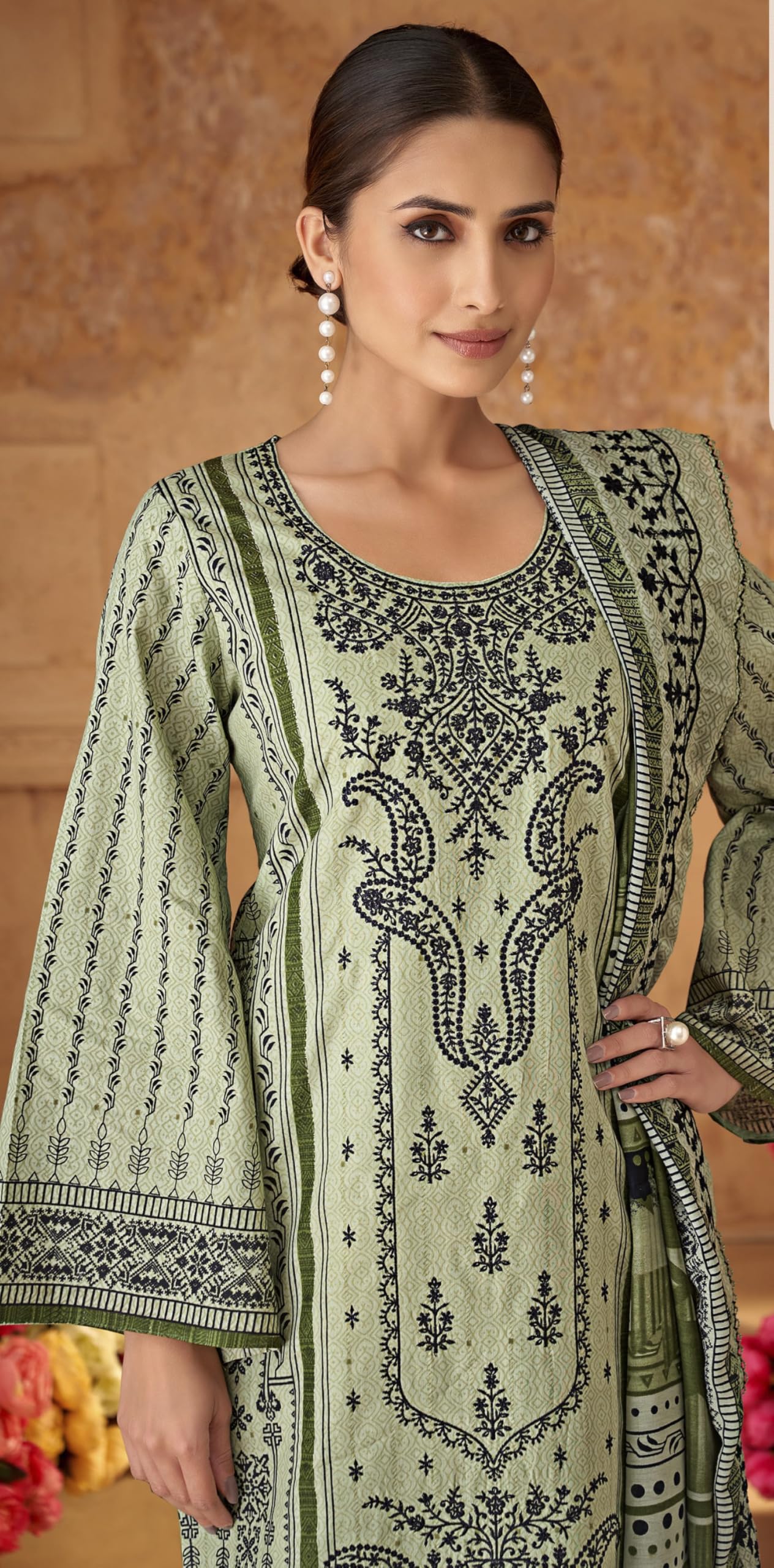 DRAVINAM Trends Unstitched Cotton Suit Dress Material Set: Pakistani Print Top Fabric with Embroidery | Customizable Solid Bottoms | Cotton Fancy Dupatta