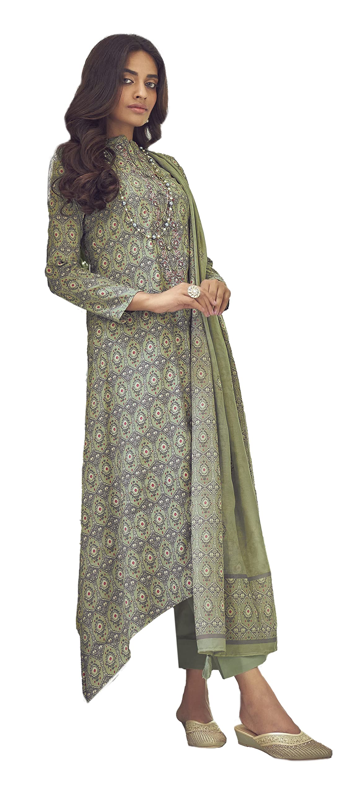 DRAVINAM Trends Women's Unstitched Digital Print Fancy Embroidered Pure Viscose Maslin Salwar Suit Dress Material with Printed Masline Chuni/Dupatta (Green)