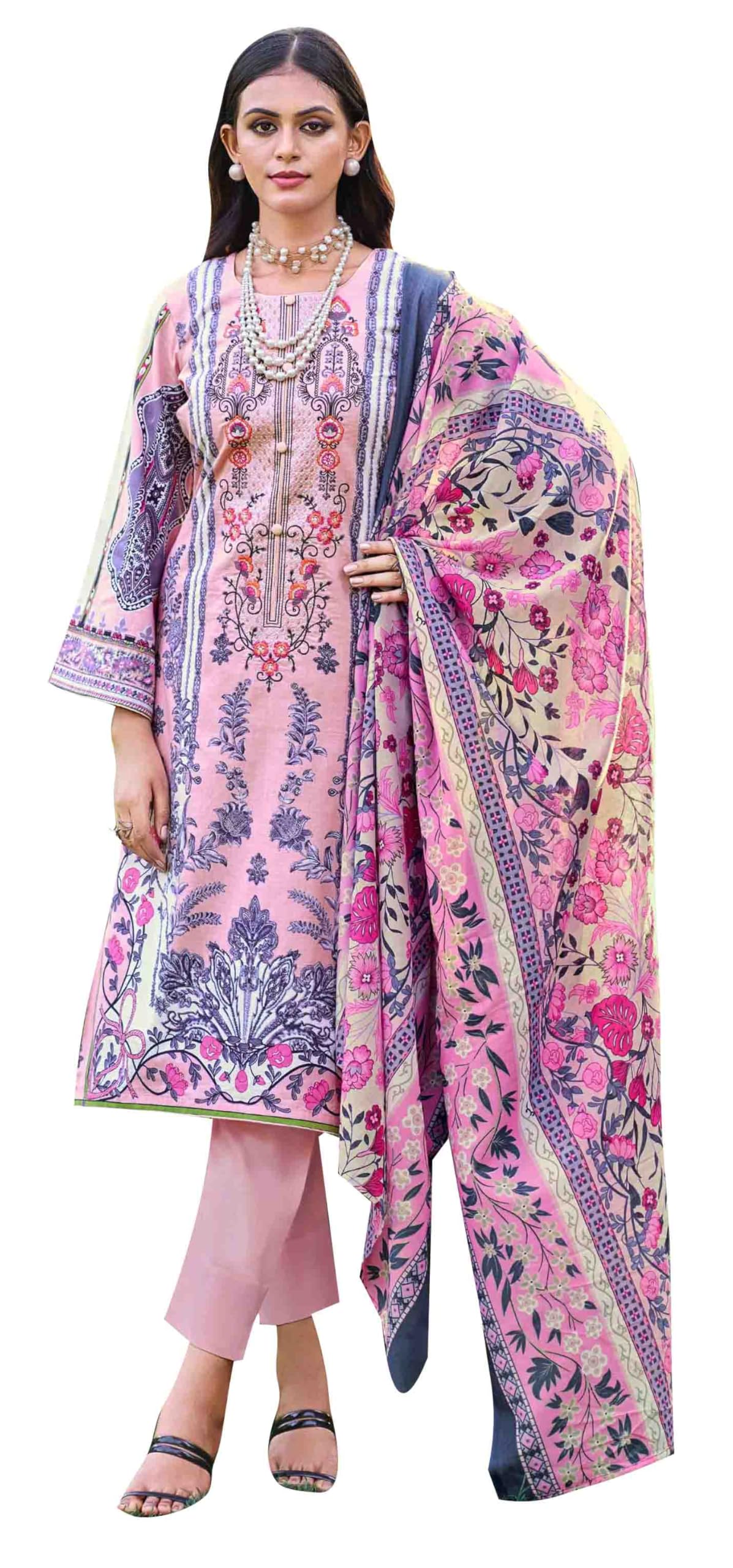 DRAVINAM Trends Unstitched Suit Material Karachi Lawn Cotton Pakistani Digital Printed Embroidered Kameez with Unstitched Bottoms and Cotton Dupatta
