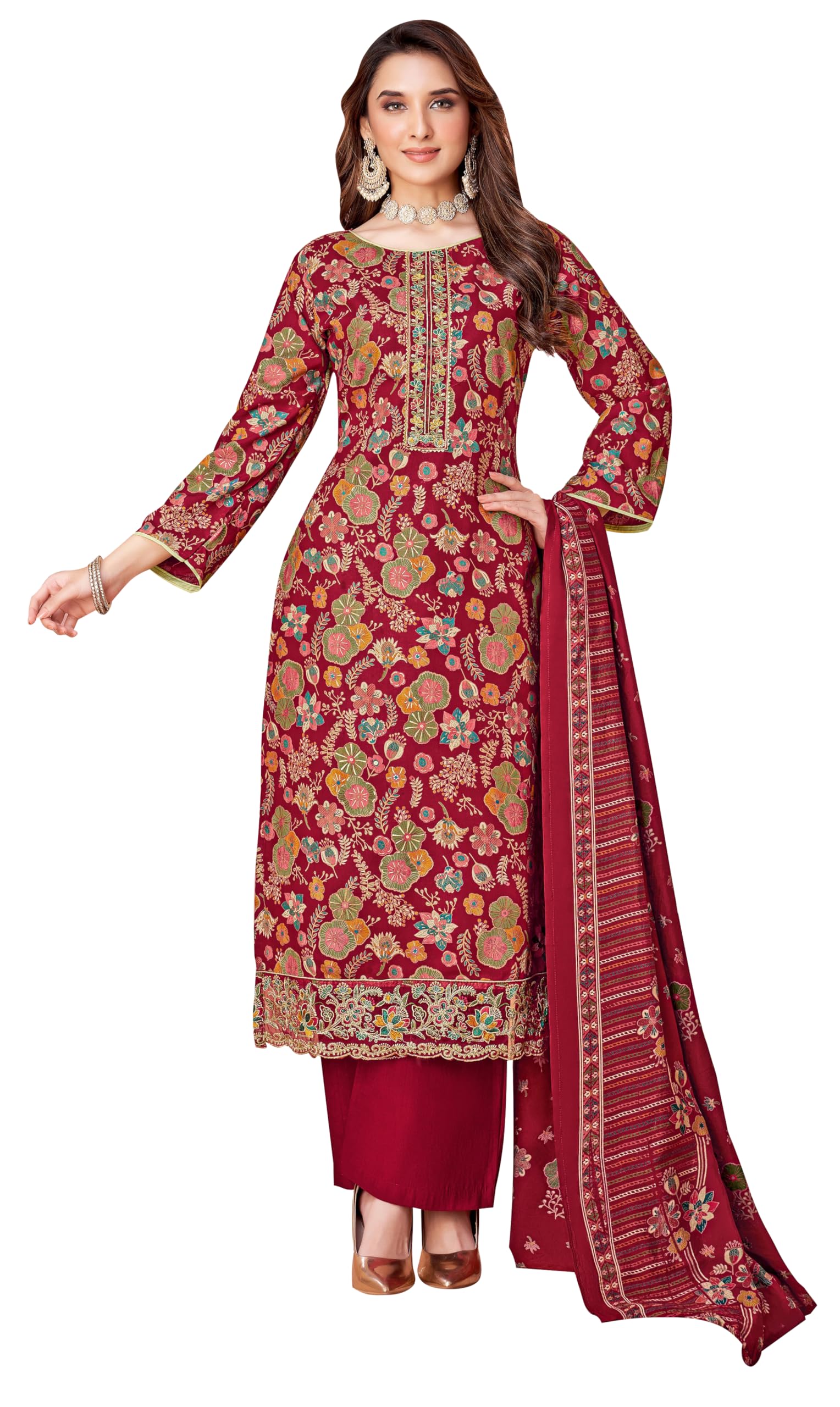 DRAVINAM Trends Pure Viscose Rayon Cotton Discharge Foil Printed Fancy Embroidered Suit Dress Material with Unstitched Bottoms and Cotton Silk Printed Dupatta