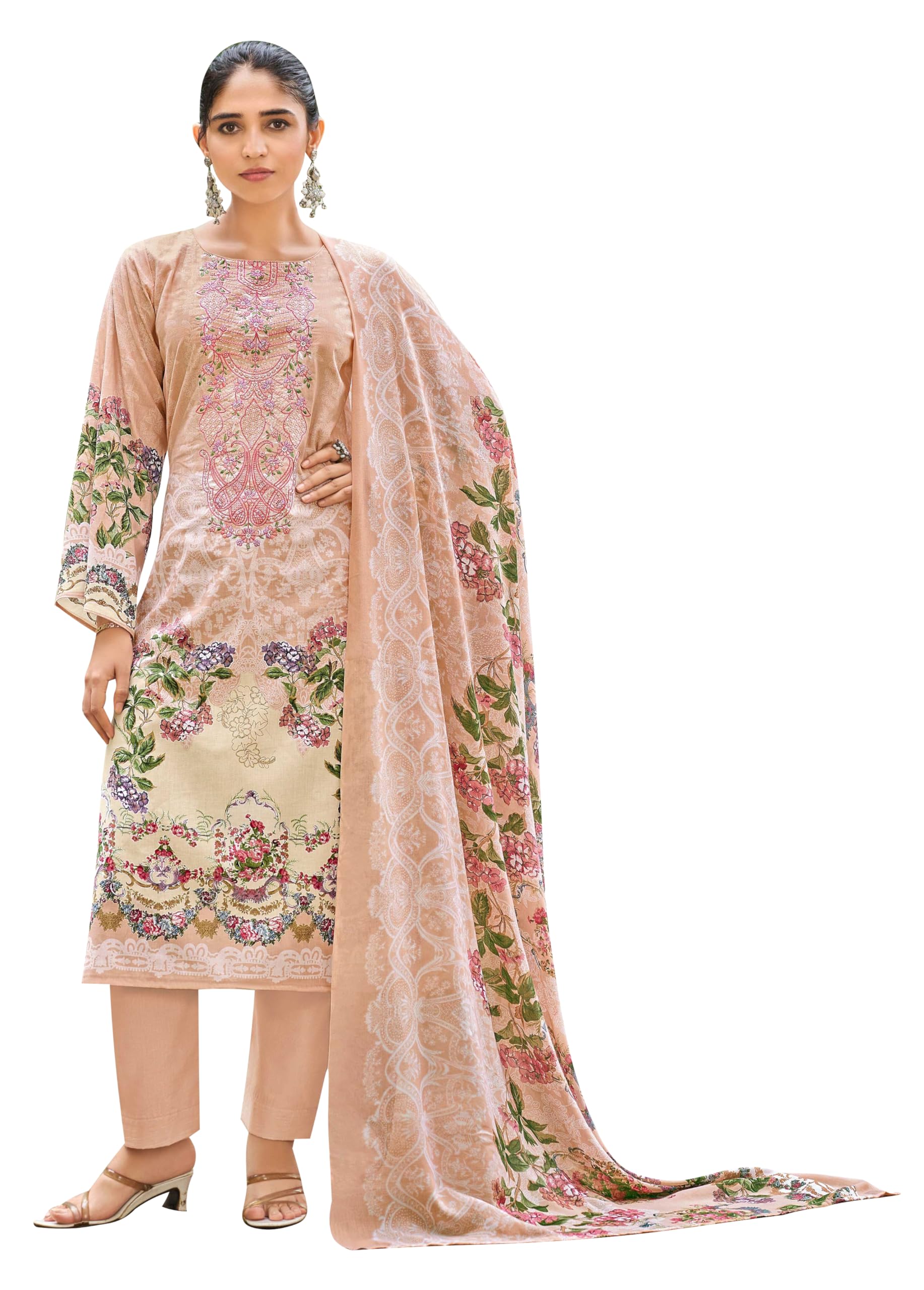 DRAVINAM Trends Unstitched Pure Lawn Cotton Pakistani Embroidered Suit Dress Material with Unstitched Bottoms and Cotton Dupatta