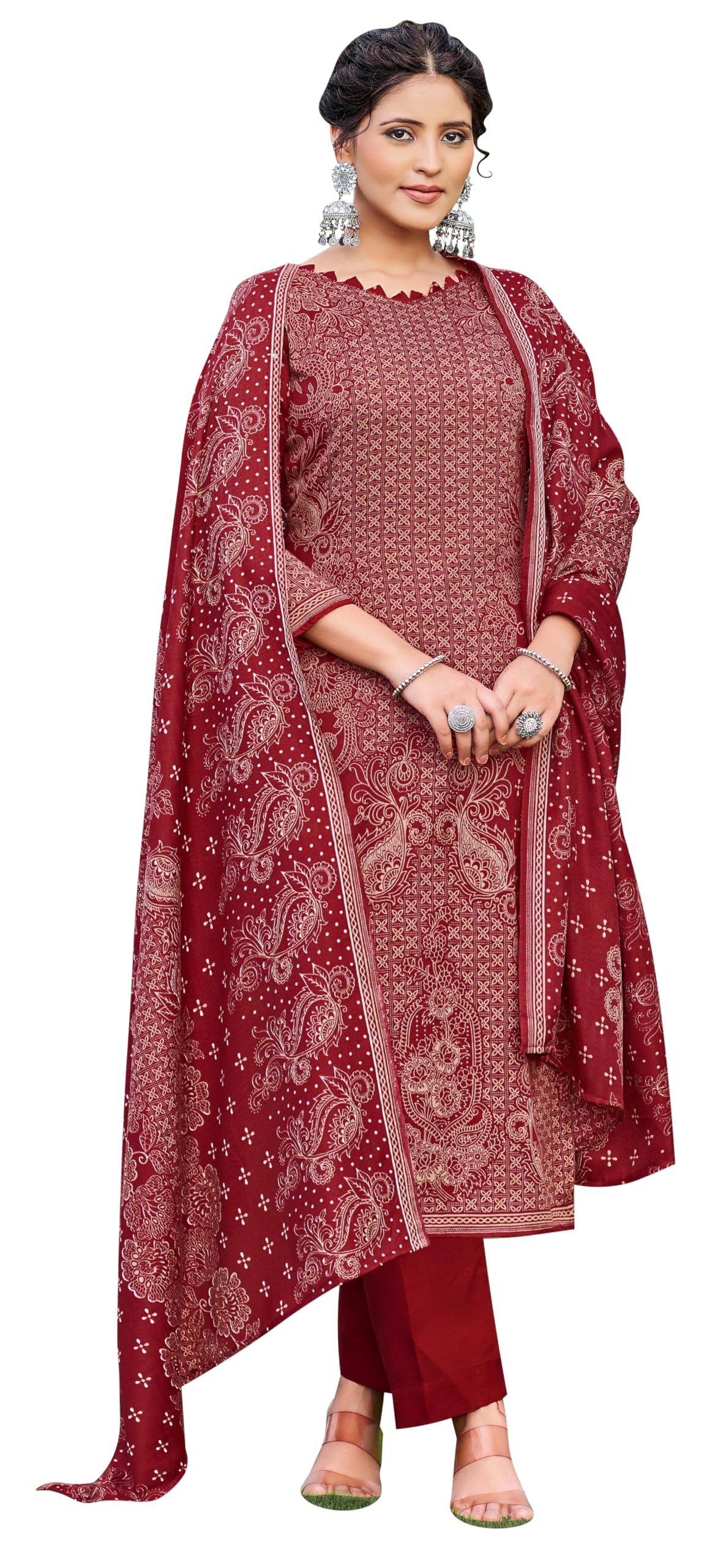 DRAVINAM Trends Women's Printed Spun Pashmina Unstitch Salwar Suit Dress Material with Printed Twill Pashmina Warm Shawl Dupatta