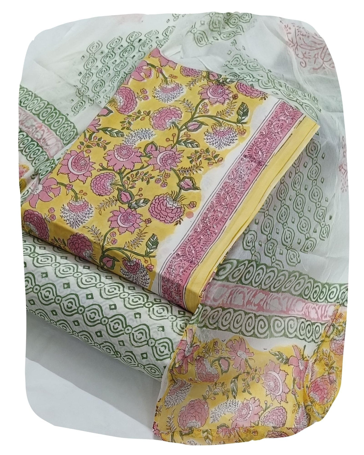 DRAVINAM Trends Hand Block Print Pure Cambric Cotton Unstitched Suit Material with Chiffon Hand Printed Dupatta