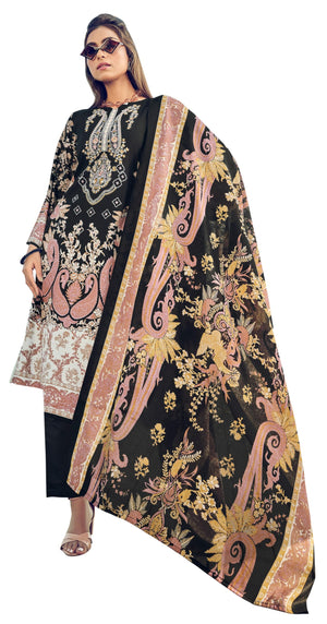 DRAVINAM Trends Women's Unstitched Premium Cotton Suit Material - Soft Digital Printed Embroidered Kameez II Matching Bottoms II Malmal Printed Dupatta