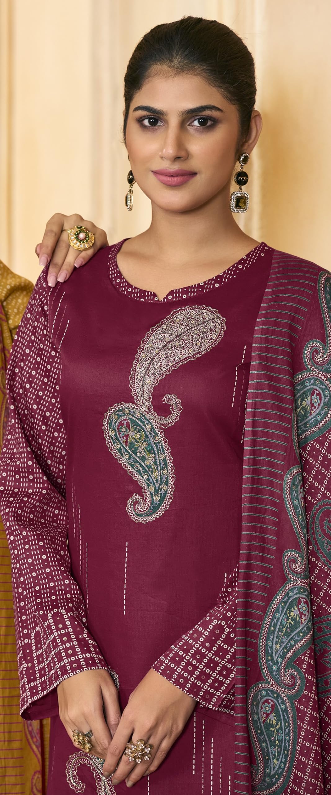 DRAVINAM Trends Women's Unstitched Salwar Suit Dress Material Pure Jam Silk Discharge Print Embroidered Hand Work Kameez Plain Unstitched Bottoms and Pure Lawn Digital Foil Print Dupatta