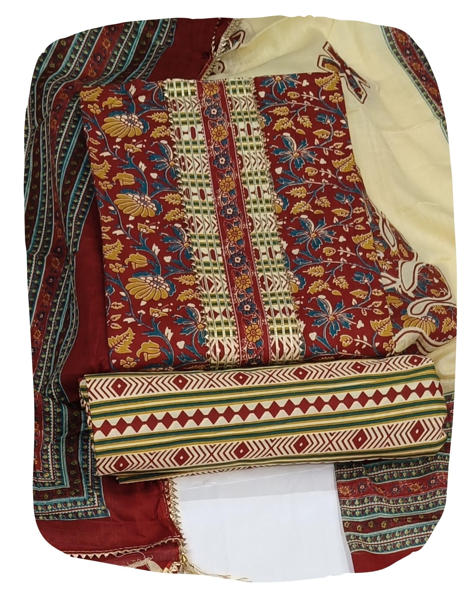 DRAVINAM Trends Women's Jaipuri Printed Embroidered and Hand Work Premium Cambric Cotton Unstitched Salwar Suit Dress Material with Mulmul Cotton Dupatta