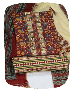 DRAVINAM Trends Women's Jaipuri Printed Embroidered and Hand Work Premium Cambric Cotton Unstitched Salwar Suit Dress Material with Mulmul Cotton Dupatta