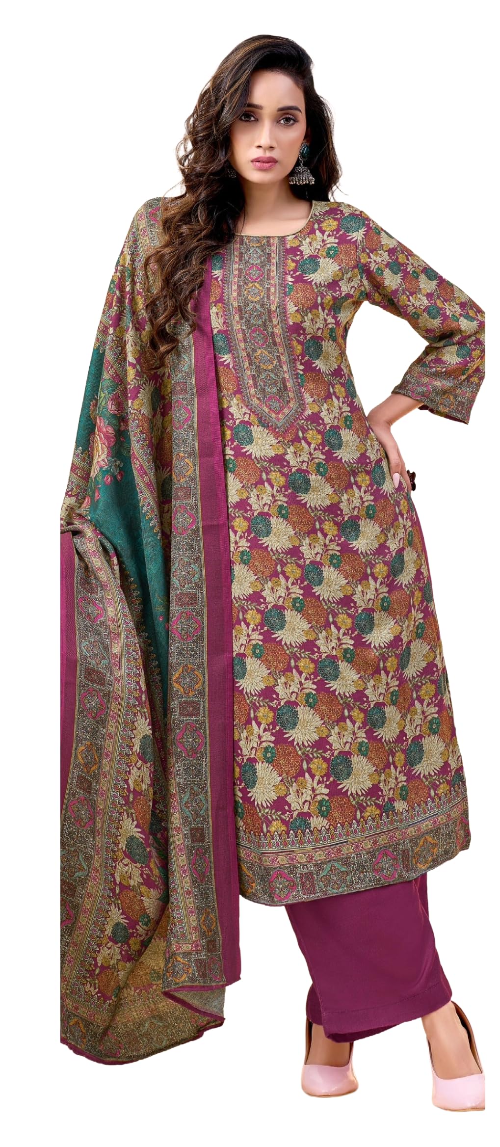 DRAVINAM Trends Women's Unstitched Winter Wear Swaroski Work Kashmiri Floral Digital Printed Heavy Woolen Pashmina Salwar Suit Dress Material with Printed Shawl Dupatta
