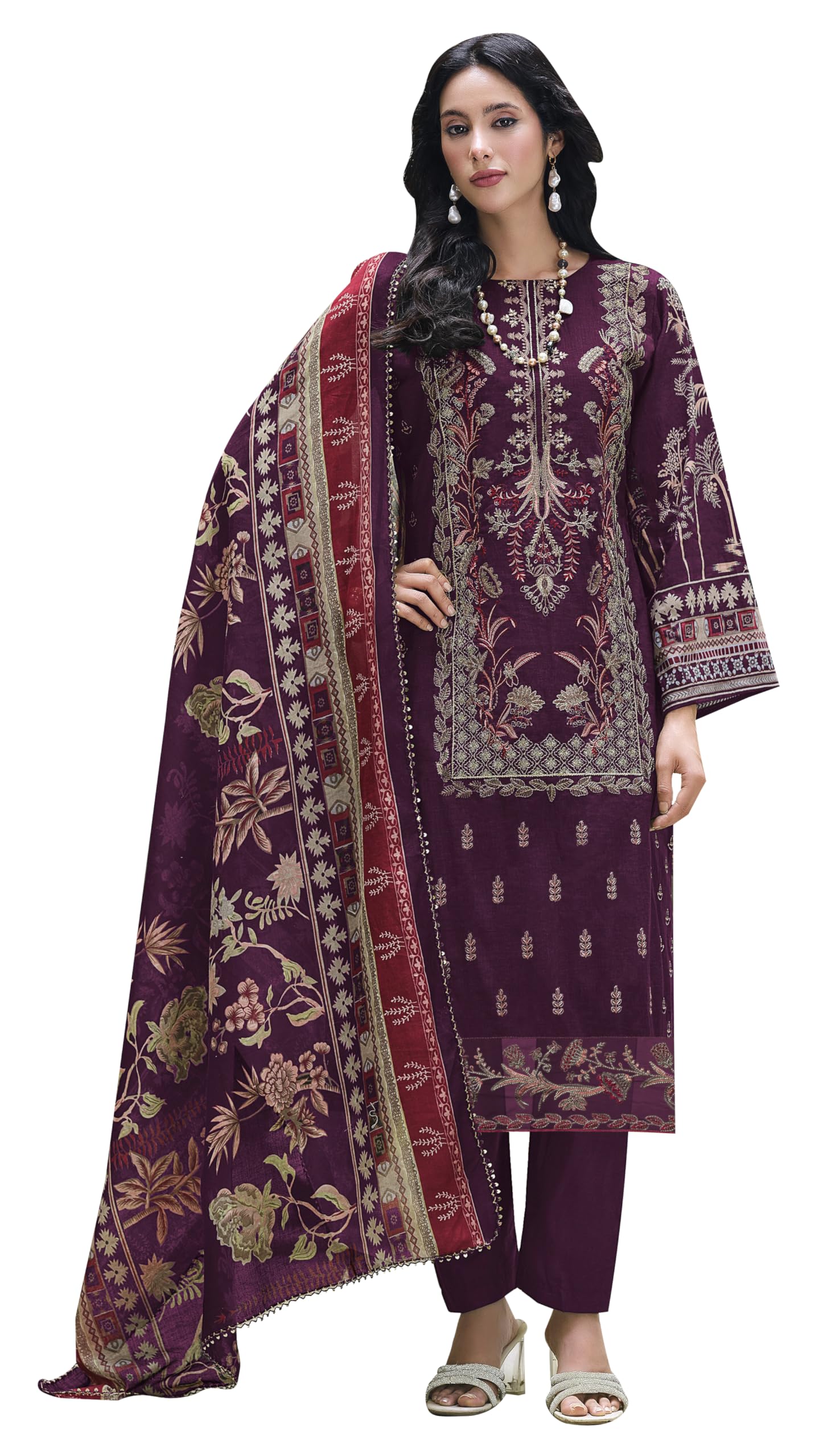 DRAVINAM Trends Women's Unstitched Cotton Salwar Suit Dress Material - Pure Cotton Heavy Embroidered Kameez II Unstitch Bottoms II Mal Mal Dupatta