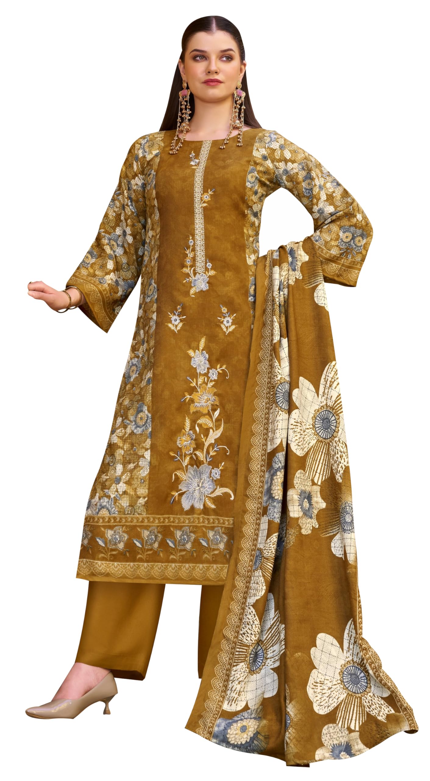 DRAVINAM Trends Women's Winter wear unstitched Printed Woollen Pashmina Embroidery Work Unstitched Salwar Suit Dress Material with Pashmina Printed Shawl Dupatta