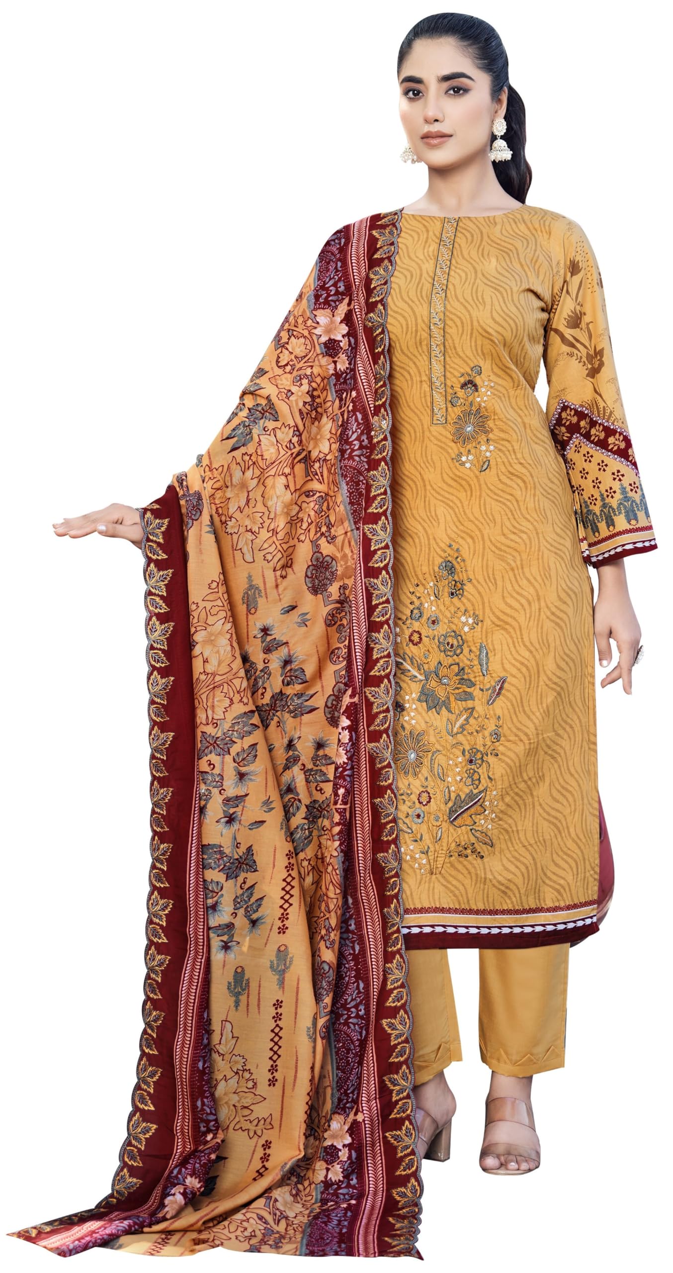 DRAVINAM Trends Women's Unstitched Camric Cotton Embroidered Pakistani Suit Material - Camric Cotton Fancy Embroidered Printed Shirt II Cotton Bottoms II Cotton Embroidered Dupatta