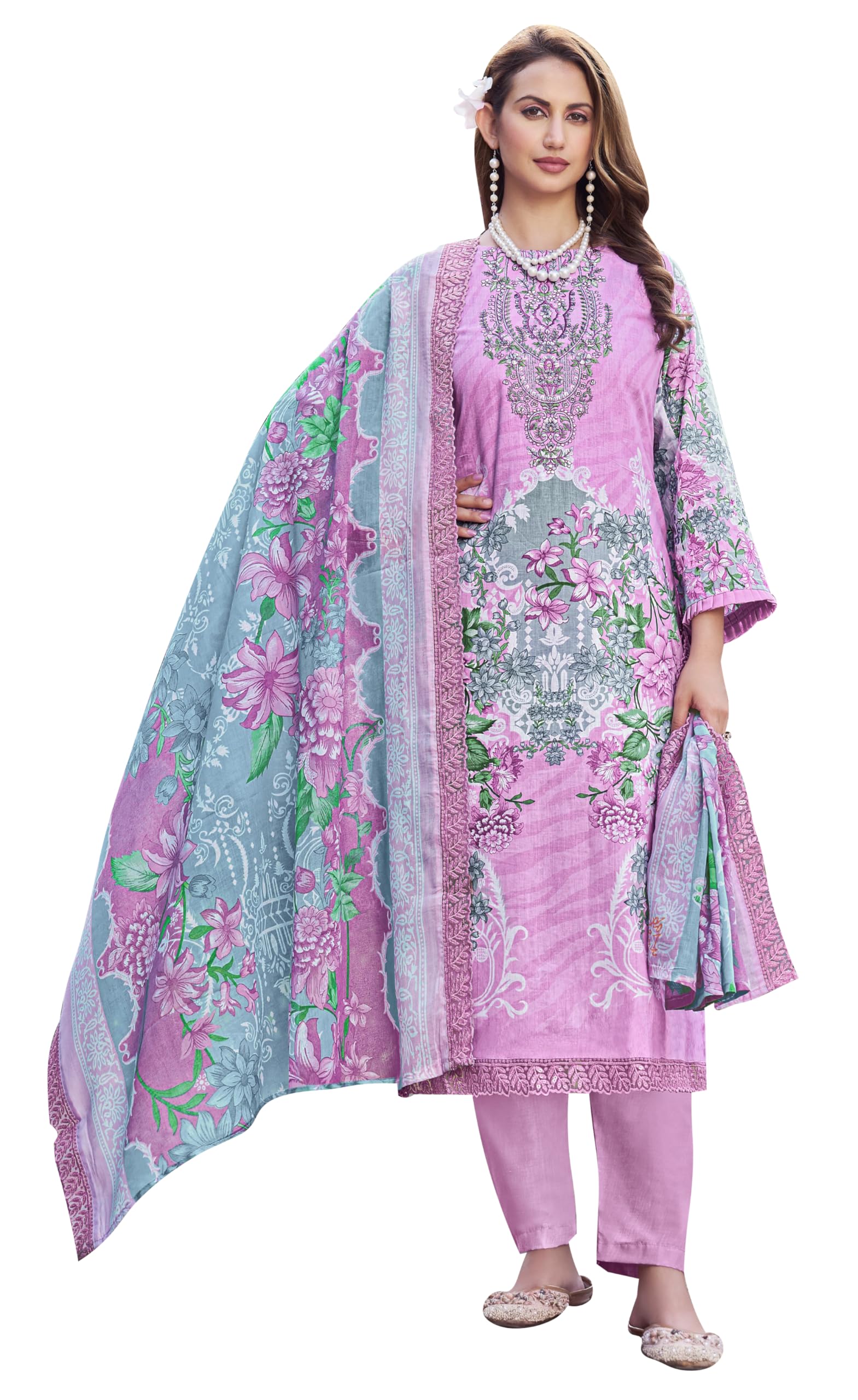 DRAVINAM Trends Pure Cambric Cotton Pakistani Embroidered Suit Dress Material with Unstitched Bottoms and Cotton Dupatta