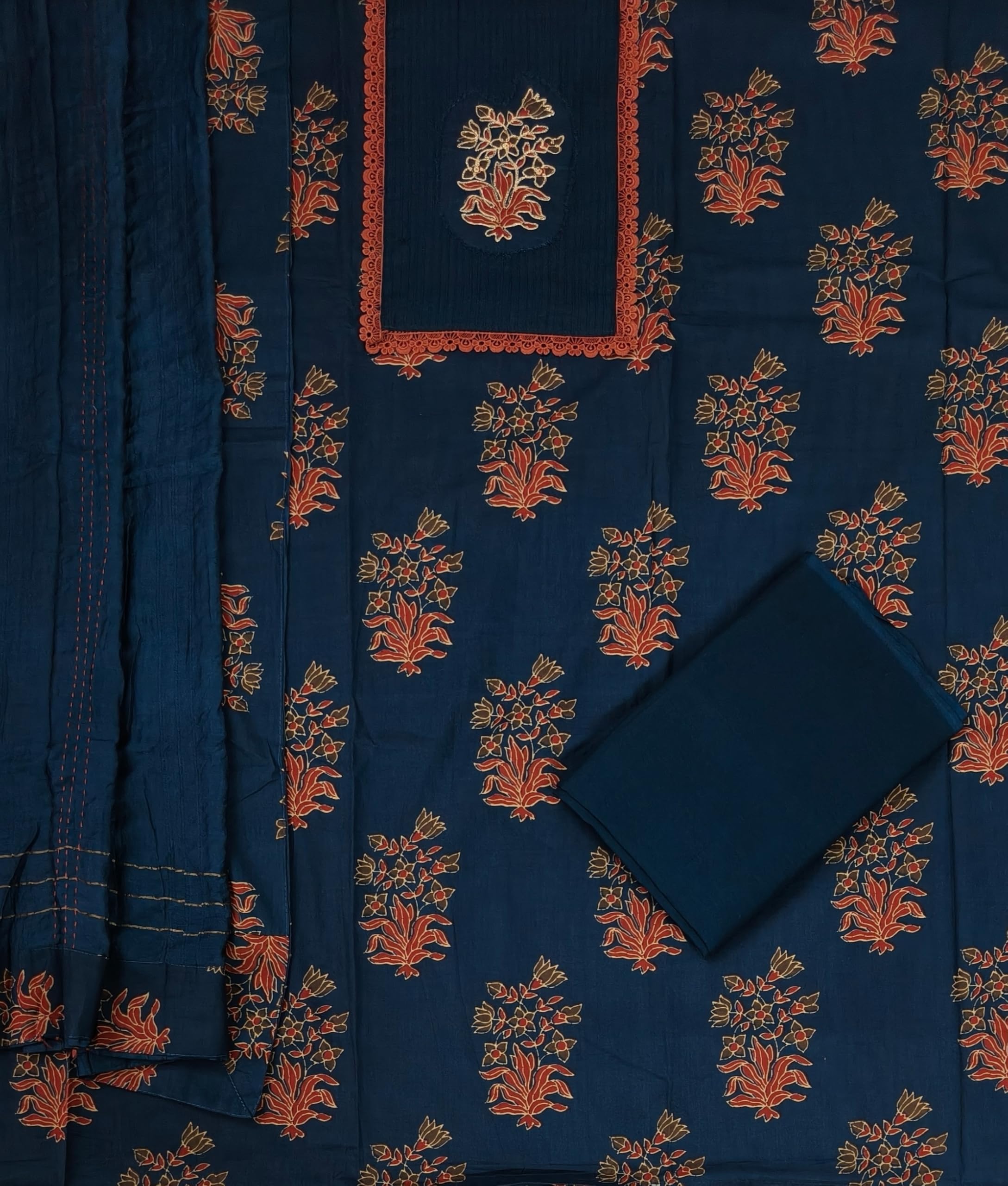 DRAVINAM Trends Women's Cotton Floral Printed Unstitched Suit Set with Embroidered Pin-Tuck Yoke & Soft Silk Dupatta