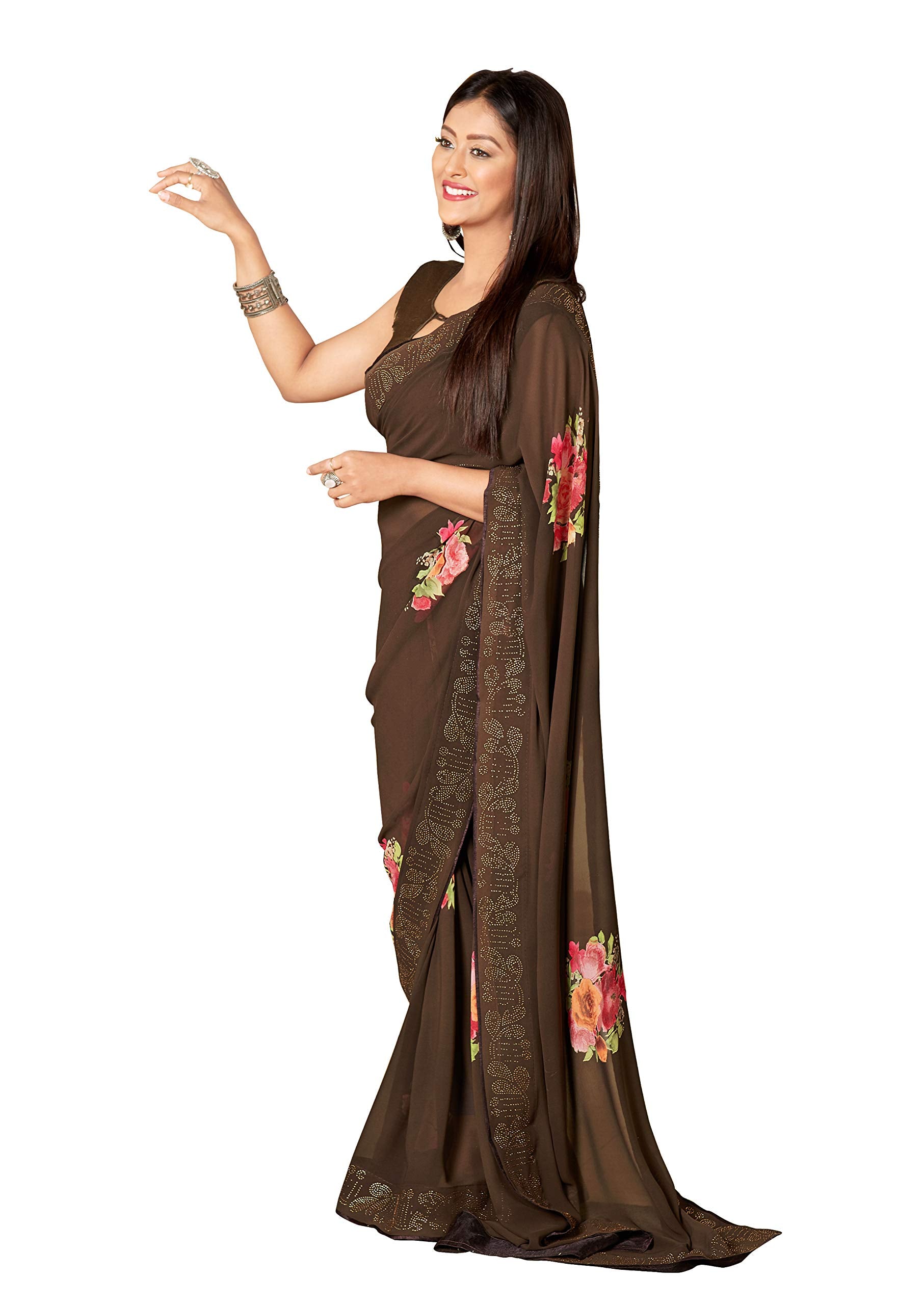 DRAVINAM Trends Women's Plain weave Georgette Saree with Blouse Piece (Sand Brown)