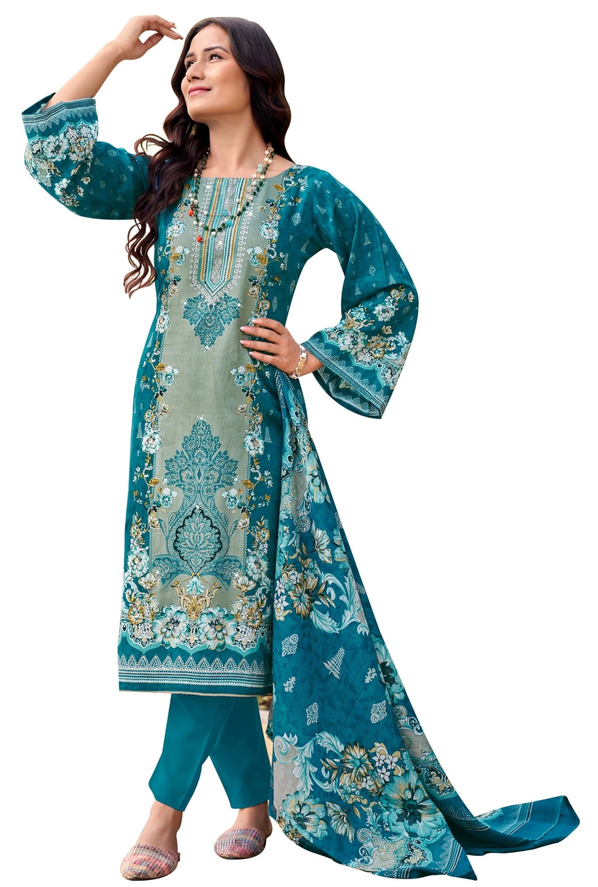 DRAVINAM Trends Women's Unstitched Jam Cotton Hand Embroidered Suit Material - Pure Jam Cotton Printed Hand Embroidered Kameez II Cotton Bottoms II Cotton Malmal Printed Dupatta