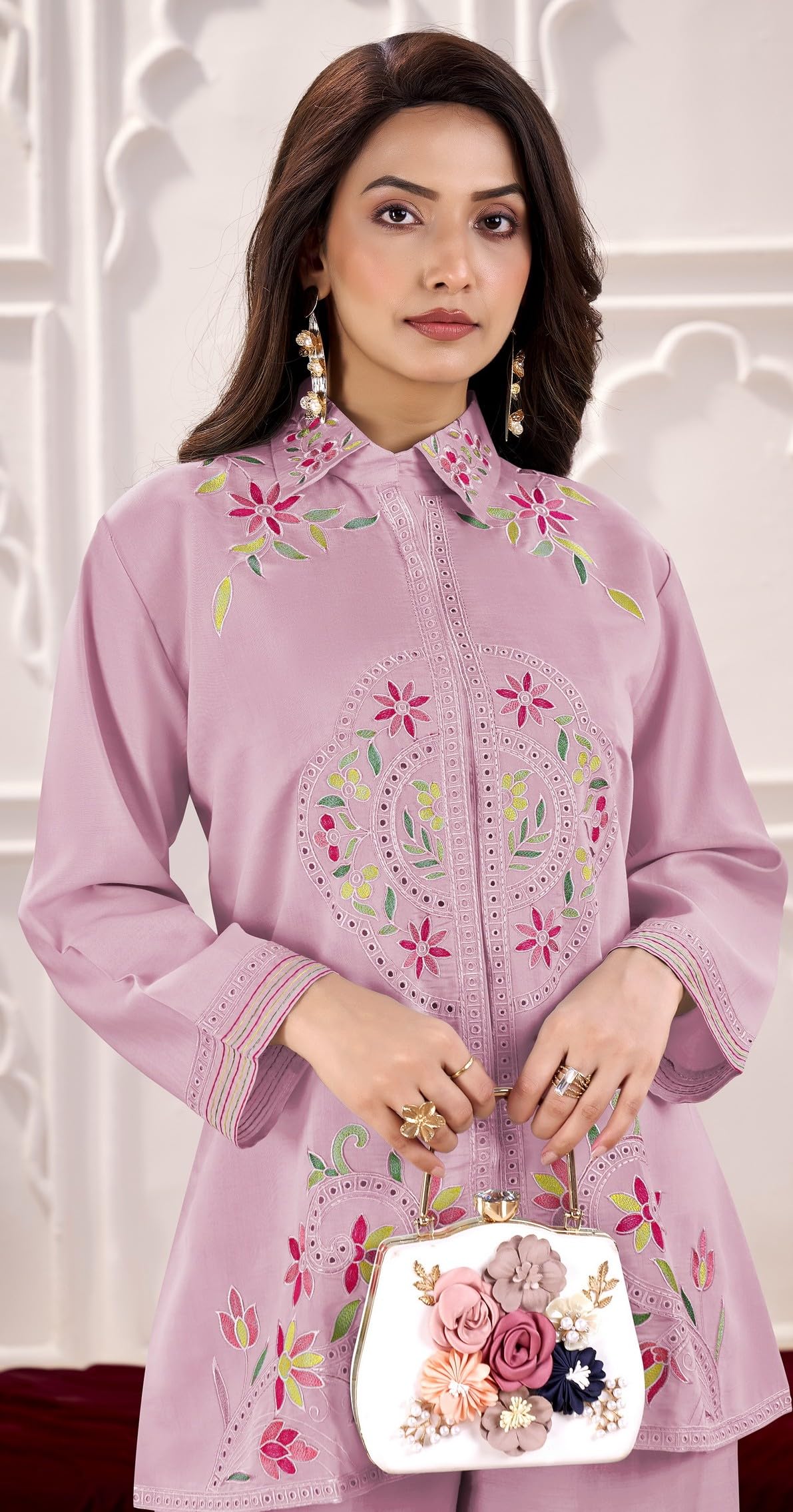 DRAVINAM Trends Women's Stitched Embroidered Pure Roman Silk Co-ord Set II Embroidered Collar Neck Shirt Style Silk Top II Solid Pants (L / 40)
