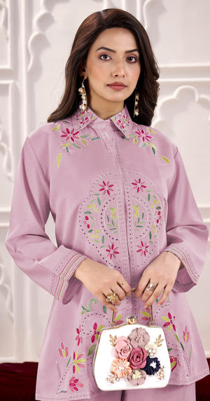 DRAVINAM Trends Women's Stitched Embroidered Pure Roman Silk Co-ord Set II Embroidered Collar Neck Shirt Style Silk Top II Solid Pants (L / 40)