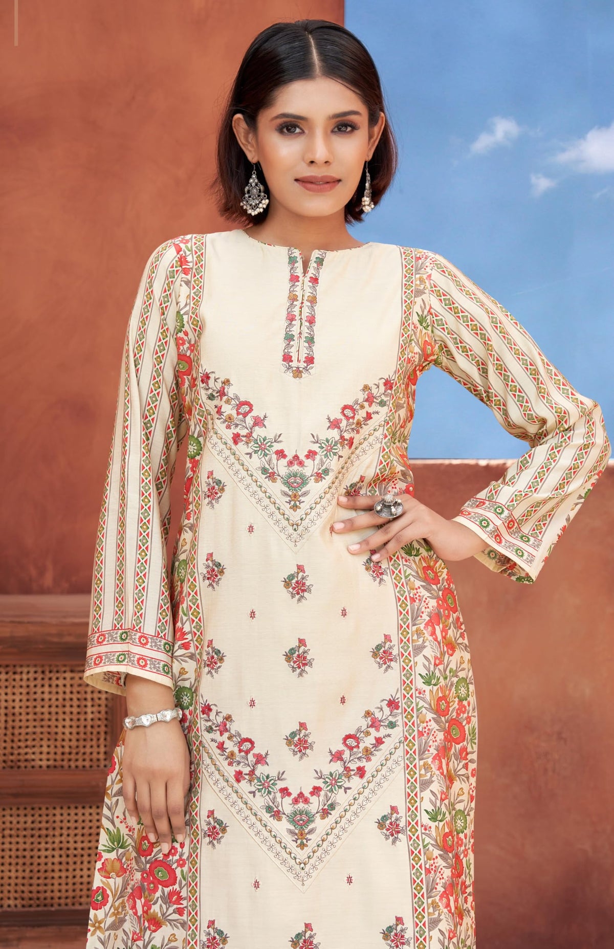 DRAVINAM Trends Women's Unstitched Masline Embroidered Suit Material - Viscose Maslin Embroidered Printed Shirt II Maslin Bottoms II Maslin Digital Printed Dupatta