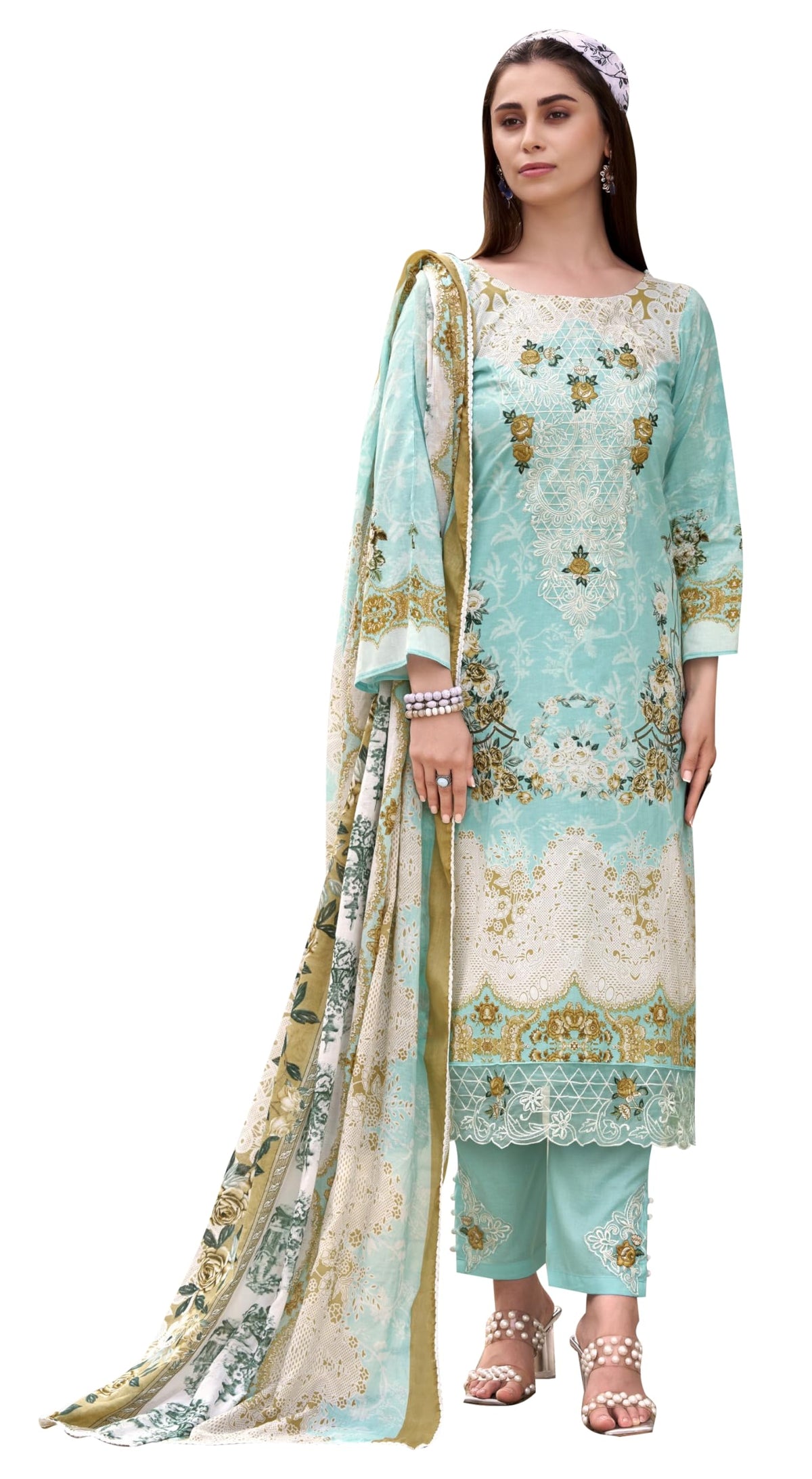 DRAVINAM Trends Women's Unstitched Salwar Suit Dress Material - Cotton Digital Printed Organza Embroidered Kameez II Unstitch Bottoms II Cotton Dupatta