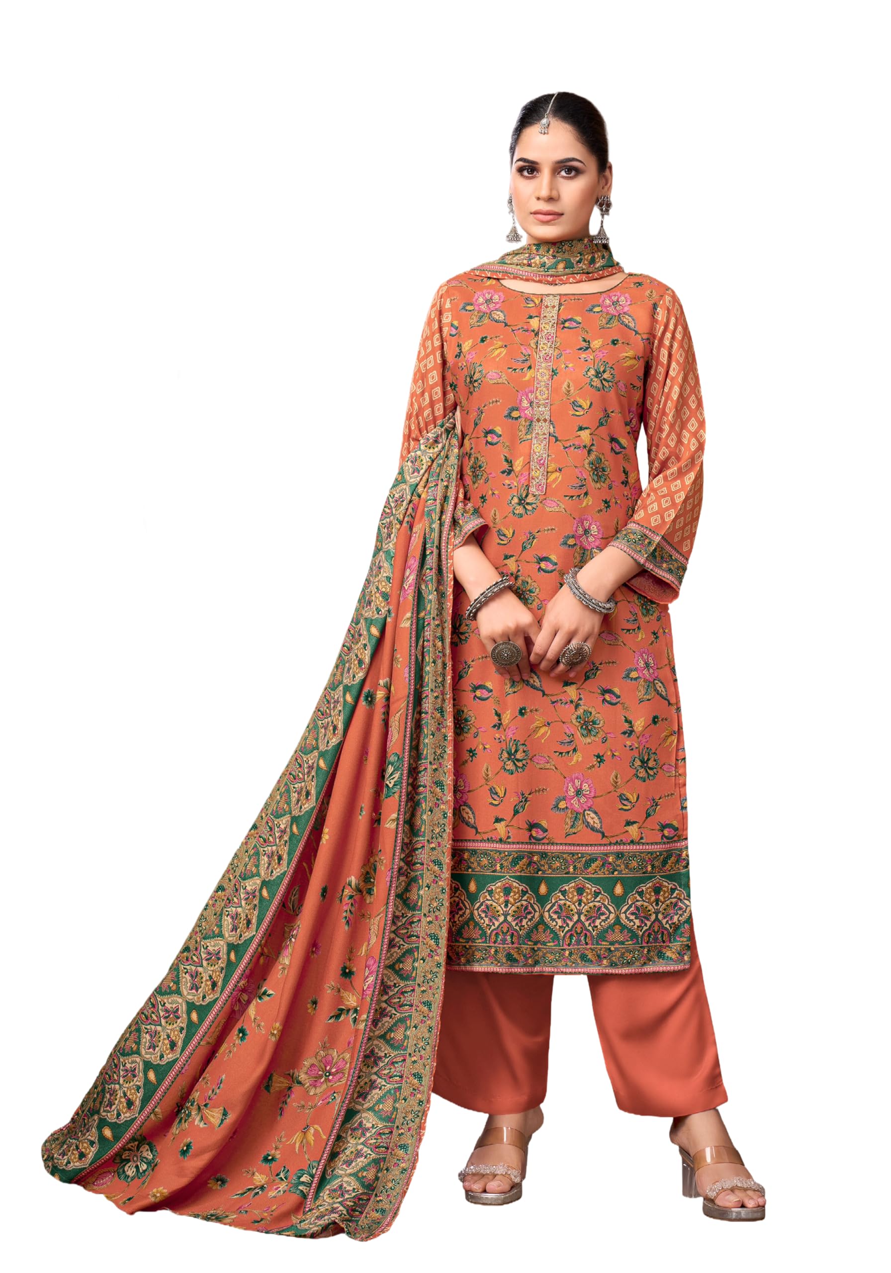 DRAVINAM Trends Women's Winter Wear Unstitched Discharge Print Embroidered Woollen Viscose Pashmina Salwar Suit Dress Material with Pashmina Printed Shawl Dupatta