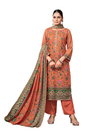 DRAVINAM Trends Women's Winter Wear Unstitched Discharge Print Embroidered Woollen Viscose Pashmina Salwar Suit Dress Material with Pashmina Printed Shawl Dupatta