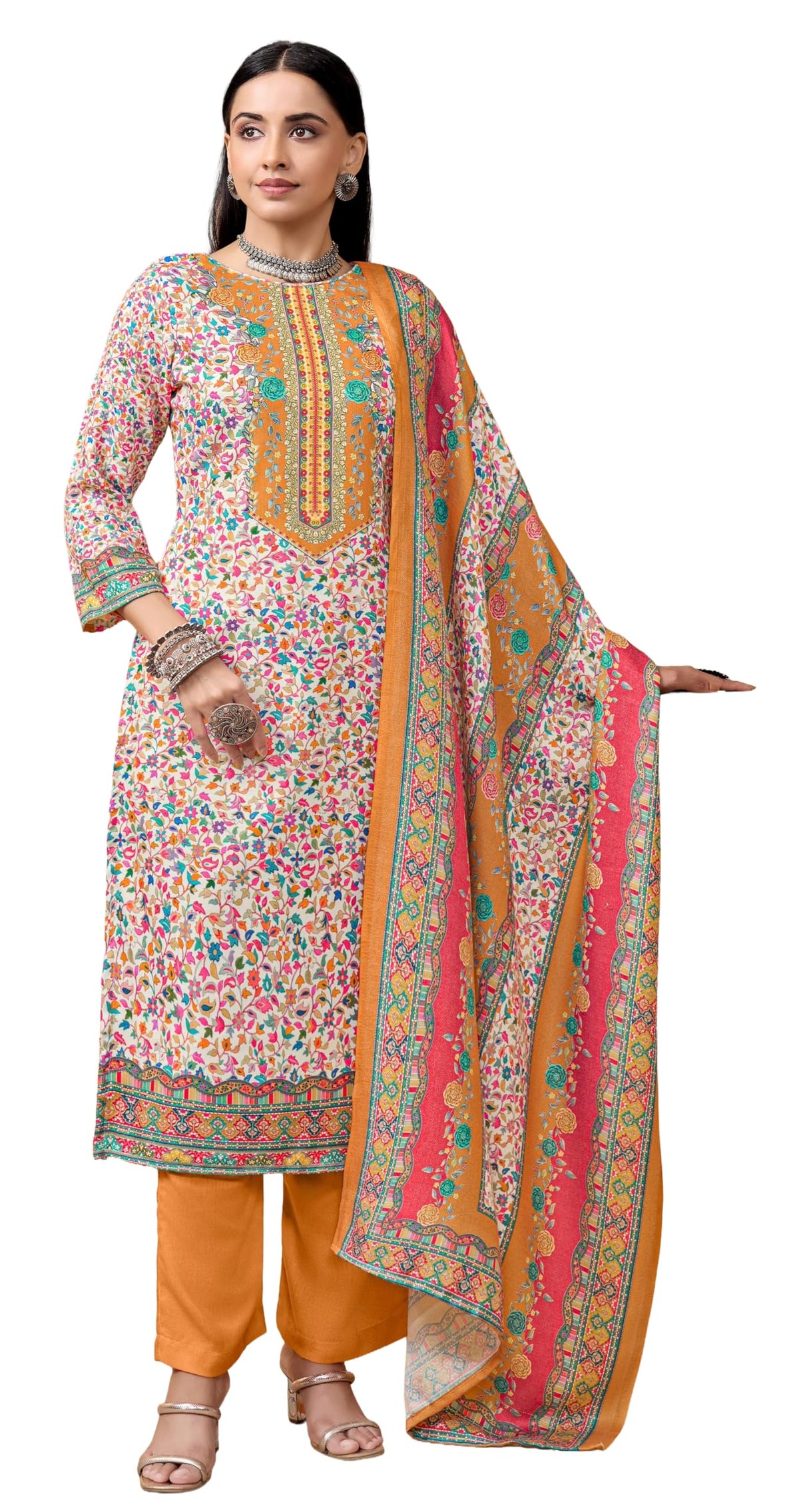 DRAVINAM Trends Women's Winter Wear Pure Viscose Woolen Pashmina Digital Kani Printed Swaroski Work Unstitch Salwar Suit Dress Material with Pure Digital Viscose Pashmina Woolen Warm Shawl Dupatta