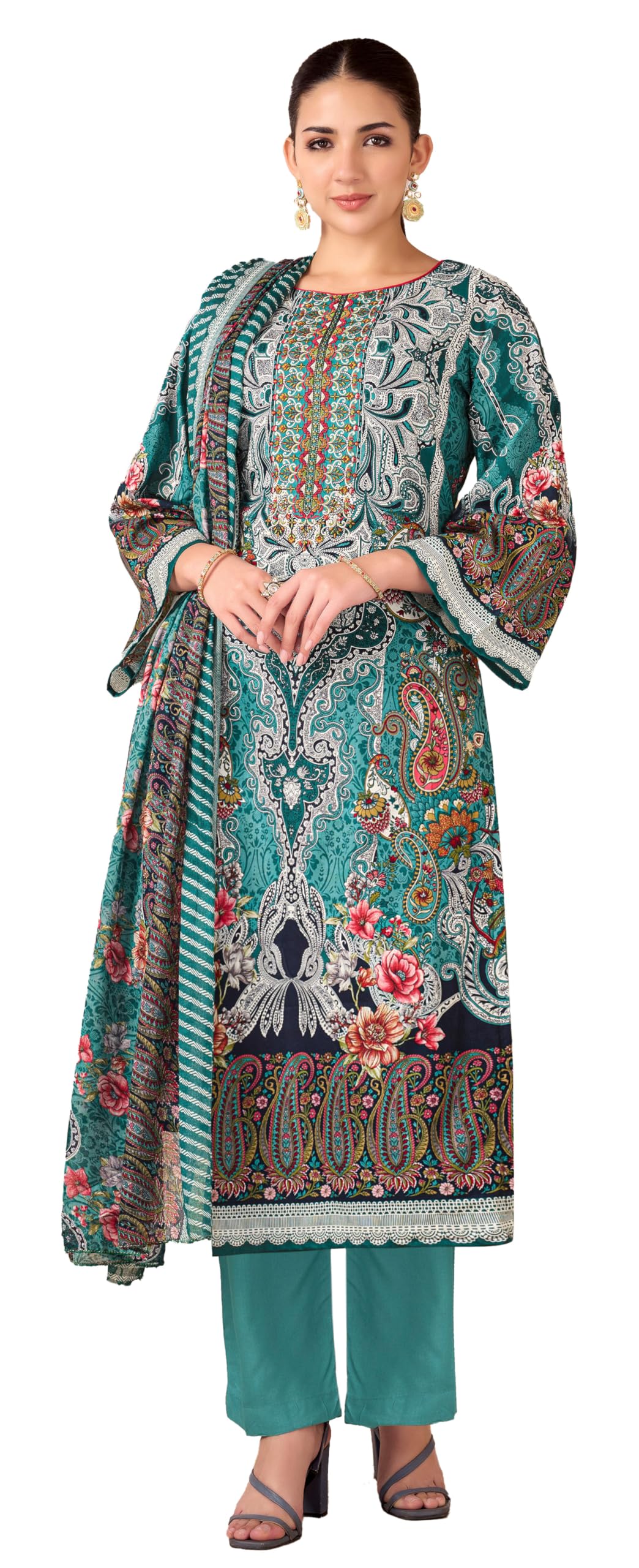 DRAVINAM Trends Unstitched Pakistani Embroidered Pure Cambric Cotton Salwar Suit Dress Materials with Cotton Dupatta