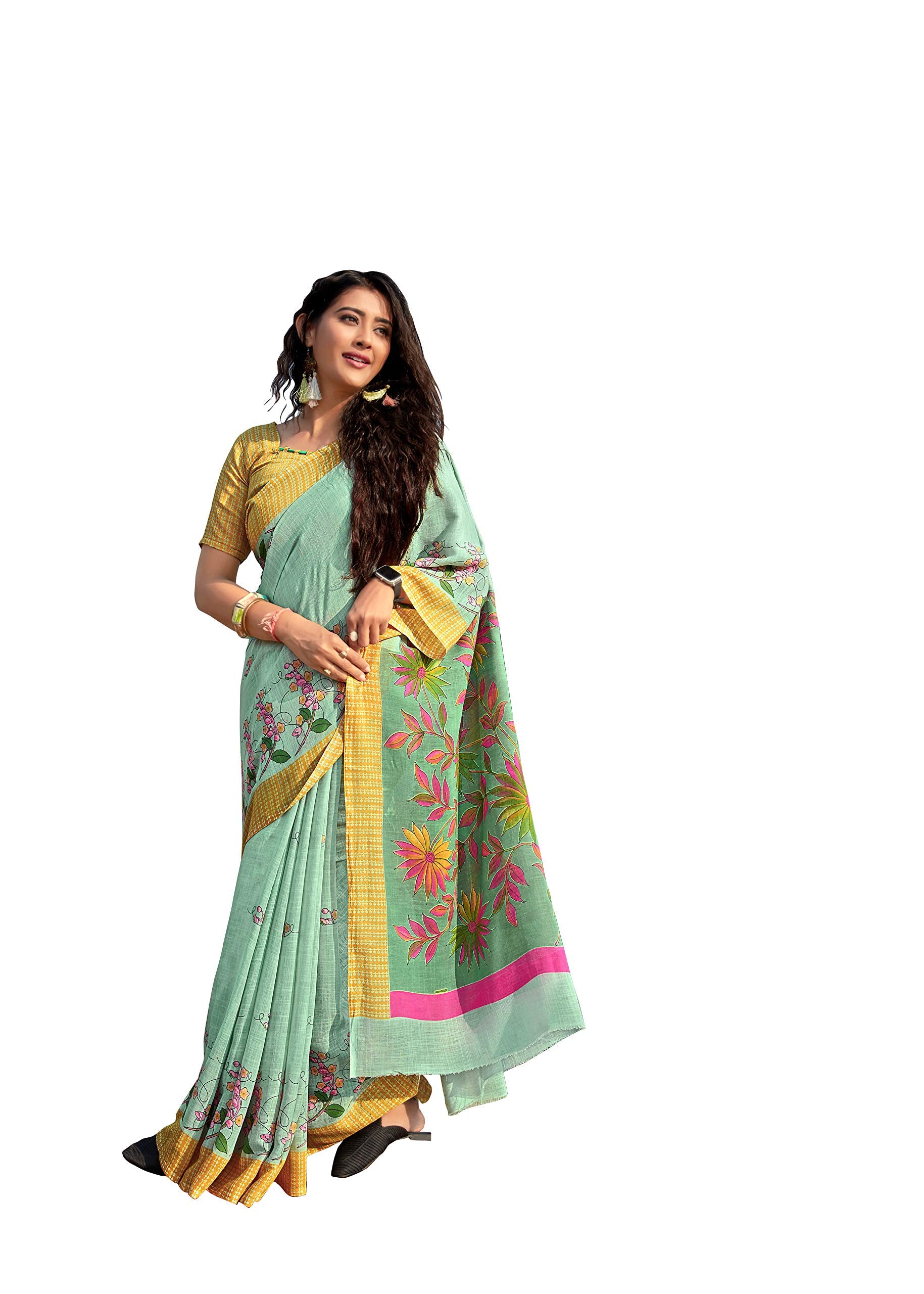 DRAVINAM Trends Women's Soft Printed Pure Linen Saree With Blouse Piece (Light Green)
