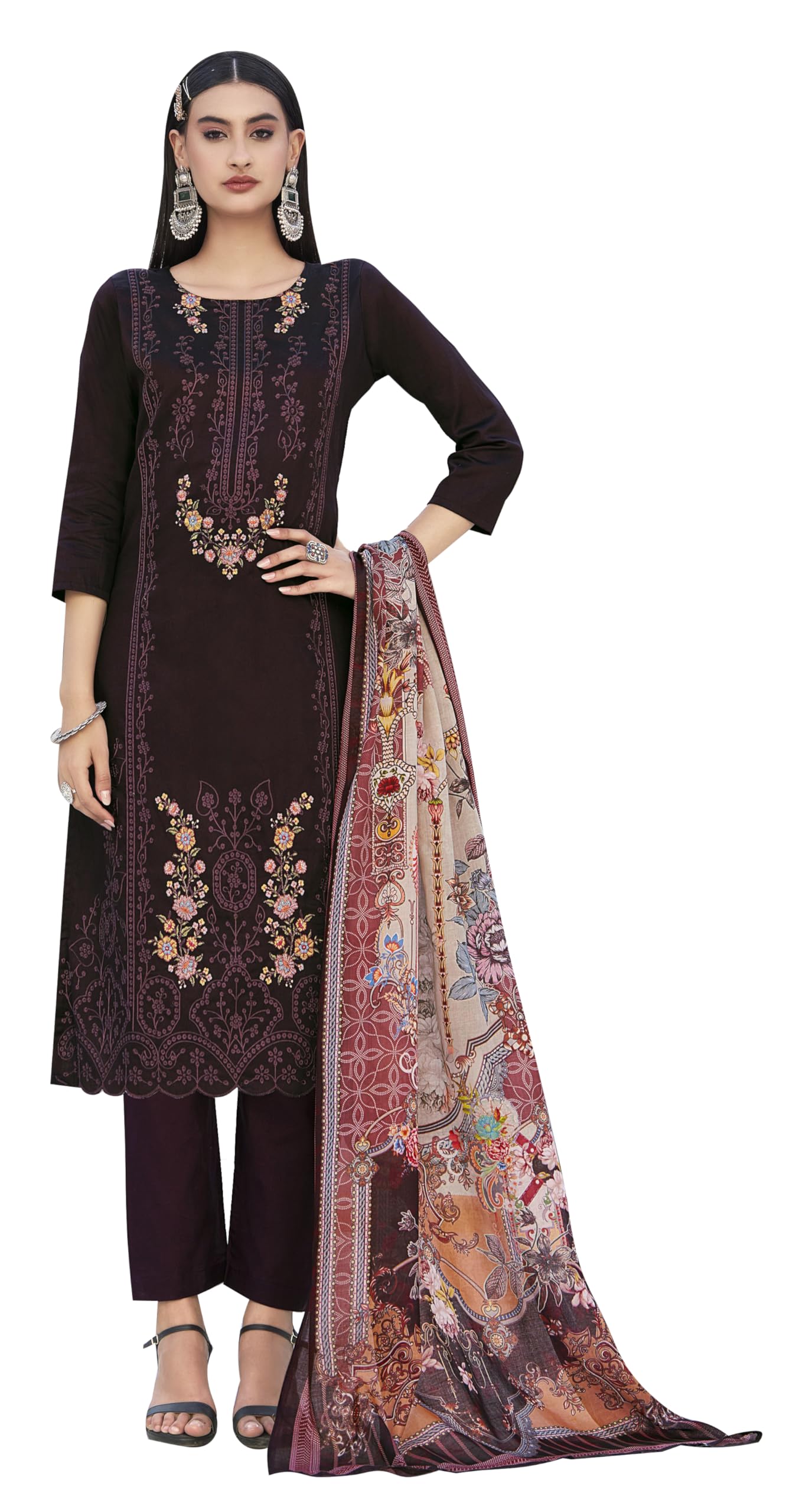 DRAVINAM Trends Women's Unstitched Jam Cotton Embroidered Suit Material - Jam Cotton Heavy Embroidered Cutwork Shirt II Rayon Bottoms II Cotton Printed Dupatta