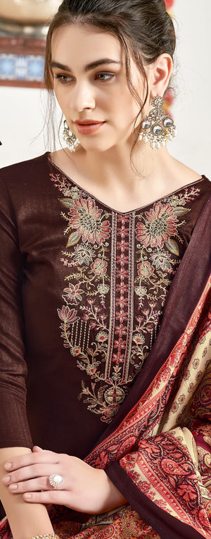 DRAVINAM Trends Women's Unstitched Woollen Pure Pashmina Embroidered Salwar Suit Dress Material with Pashmina Printed Shawl Dupatta