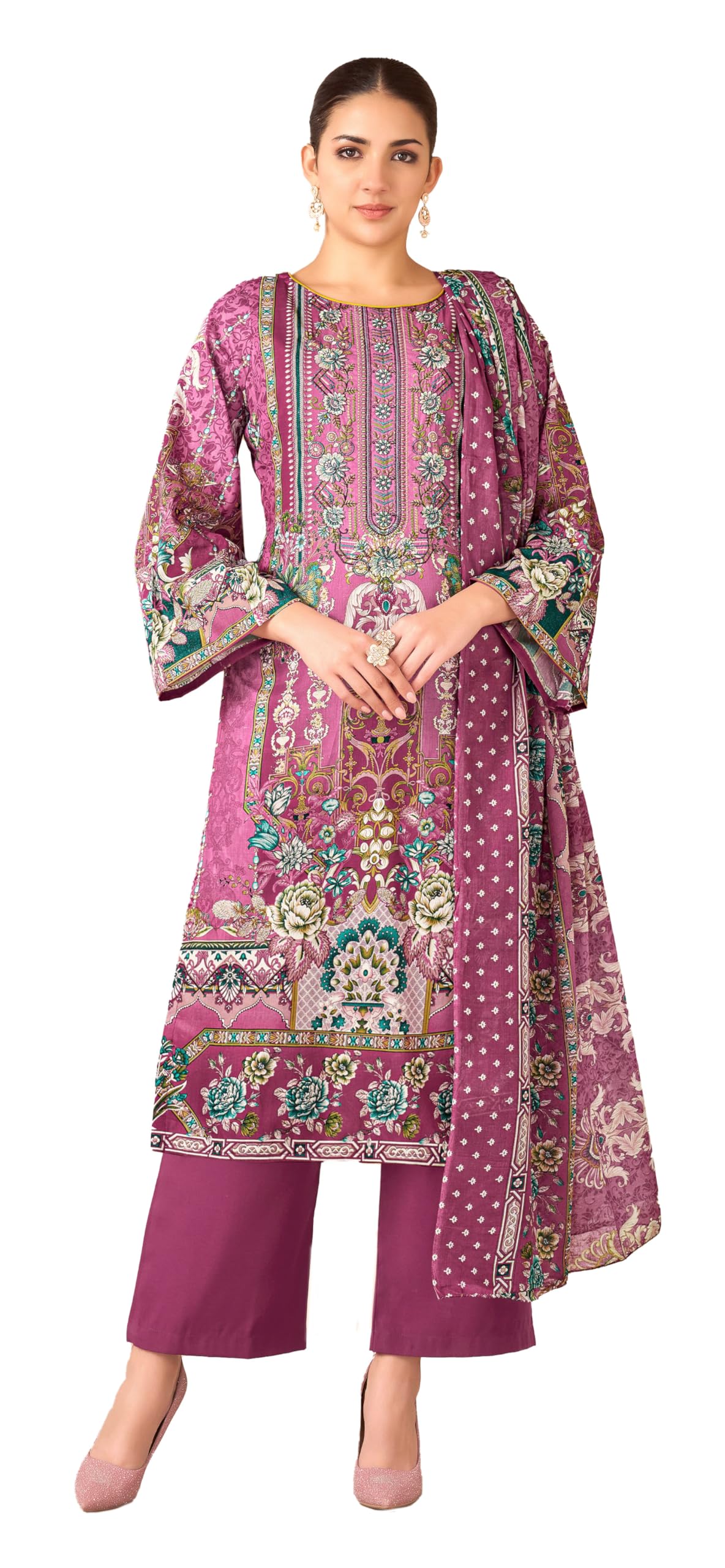 DRAVINAM Trends Unstitched Pakistani Embroidered Pure Cambric Cotton Salwar Suit Dress Materials with Cotton Dupatta