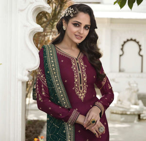 DRAVINAM Trends Women's Sequence Embroidered Silk Unstitched Salwar Suit Dress Material with Sequence Embroidered Blooming Georgette Heavy Dupatta (Dark Grey)