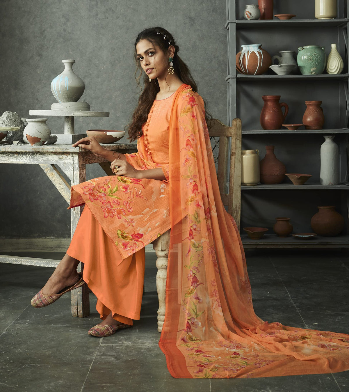 DRAVINAM Trends Women's Summer Wear Pure Linen Cotton Digital Printed Unstitched Salwar Suit Dress Material with Pure Nazneen Chiffon Printed Dupatta/Chunni (Peach)