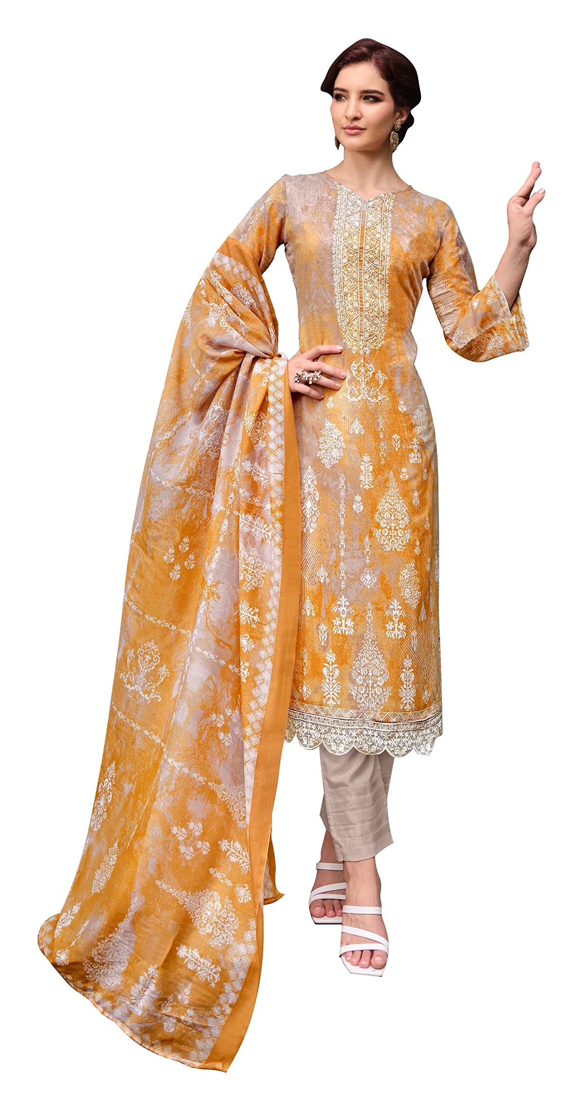 DRAVINAM Trends Unstitched Printed Embroidered Lace Work Cotton Salwar Suits Dress Material with Cotton Dupatta