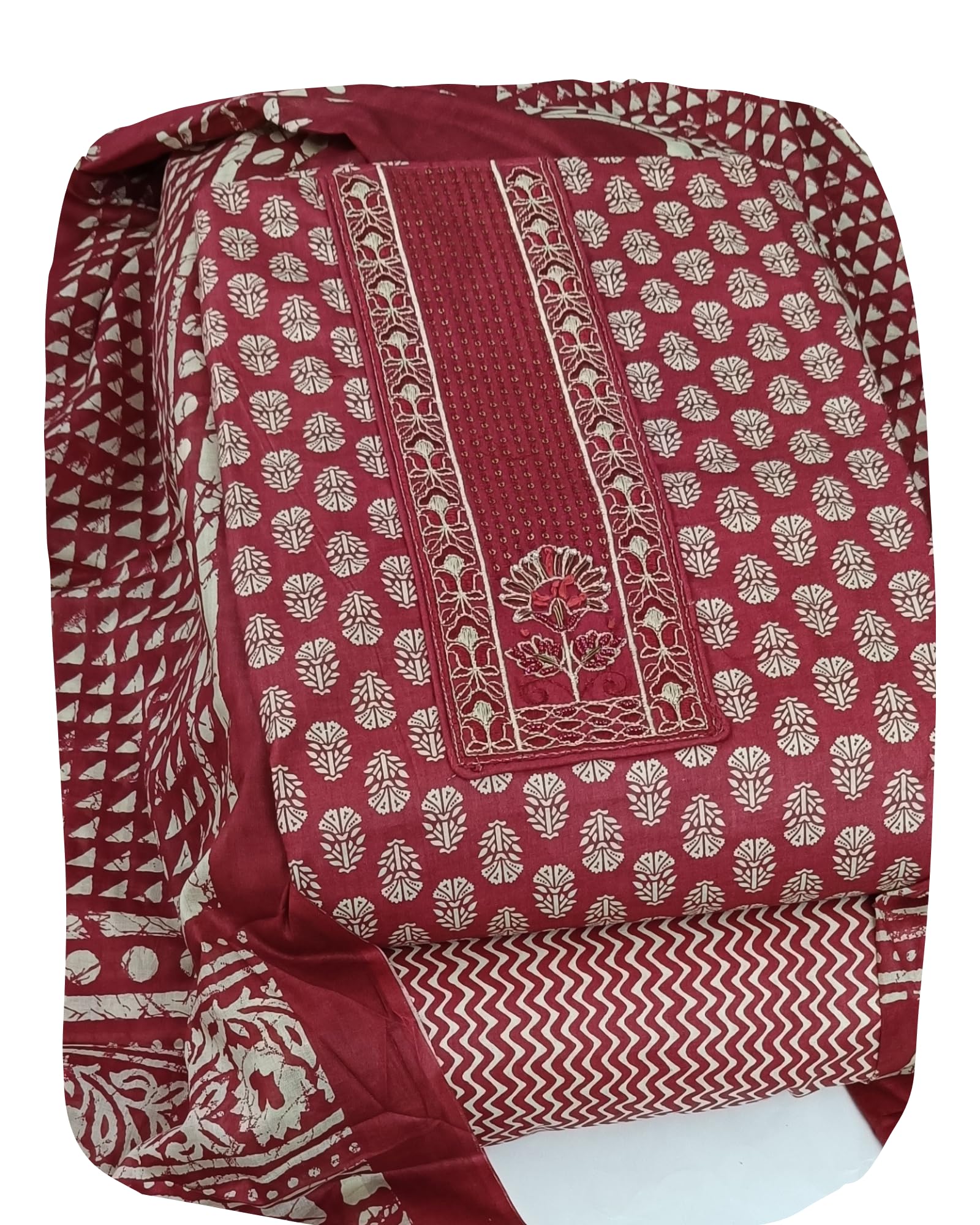 DRAVINAM Trends Women's Printed Embroidered and Hand Work Premium Cotton Jaipuri Unstitched Salwar Suit Dress Material with Mulmul Cotton Dupatta