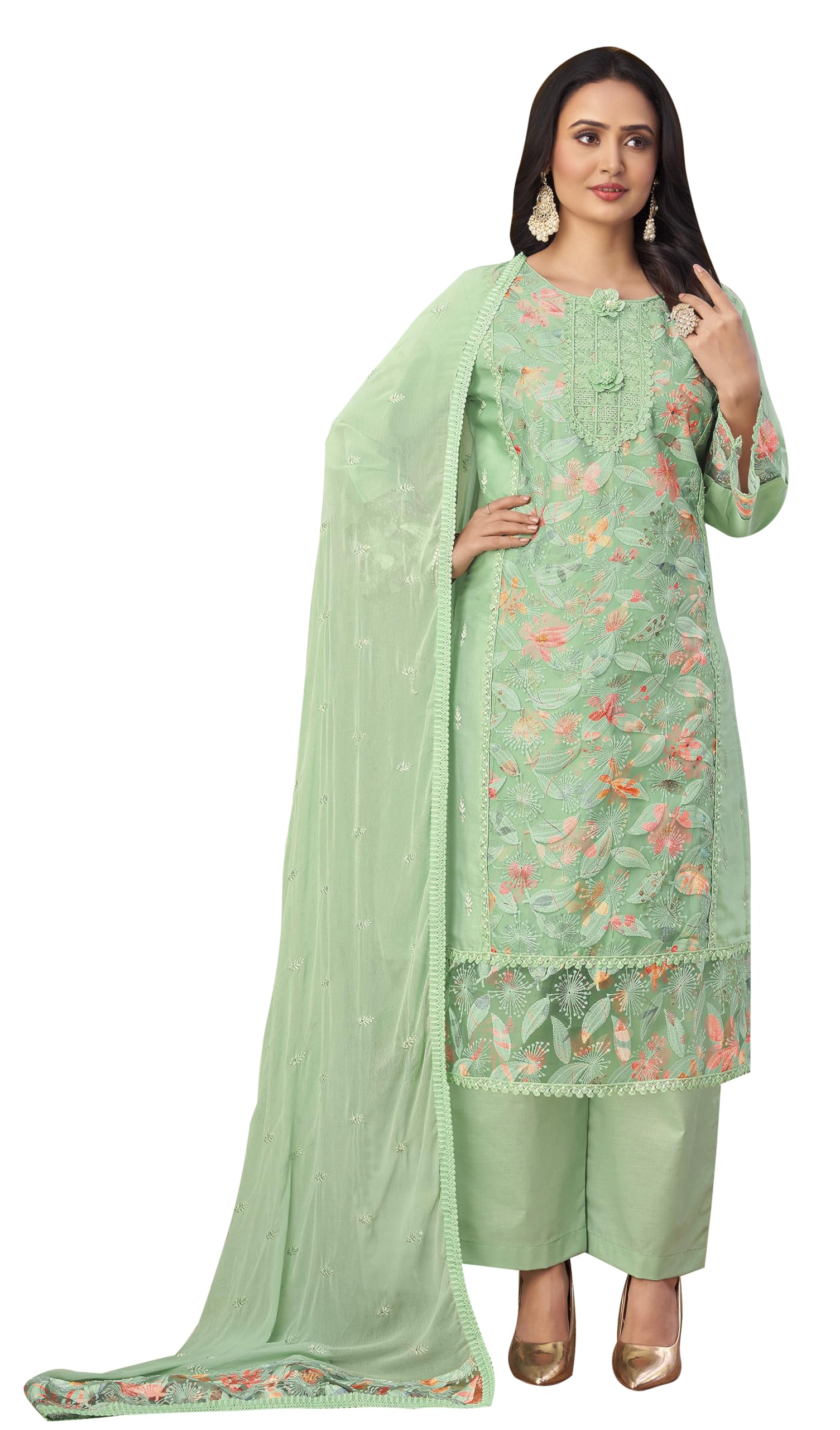 DRAVINAM Trends Women's Unstitched Cotton Embroidered Suit Material -Jam Cotton Embroidered Shirt II Cotton Bottoms II Chiffon Ptinted Dupatta