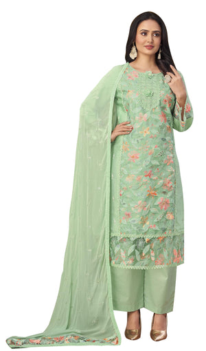 DRAVINAM Trends Women's Unstitched Cotton Embroidered Suit Material -Jam Cotton Embroidered Shirt II Cotton Bottoms II Chiffon Ptinted Dupatta