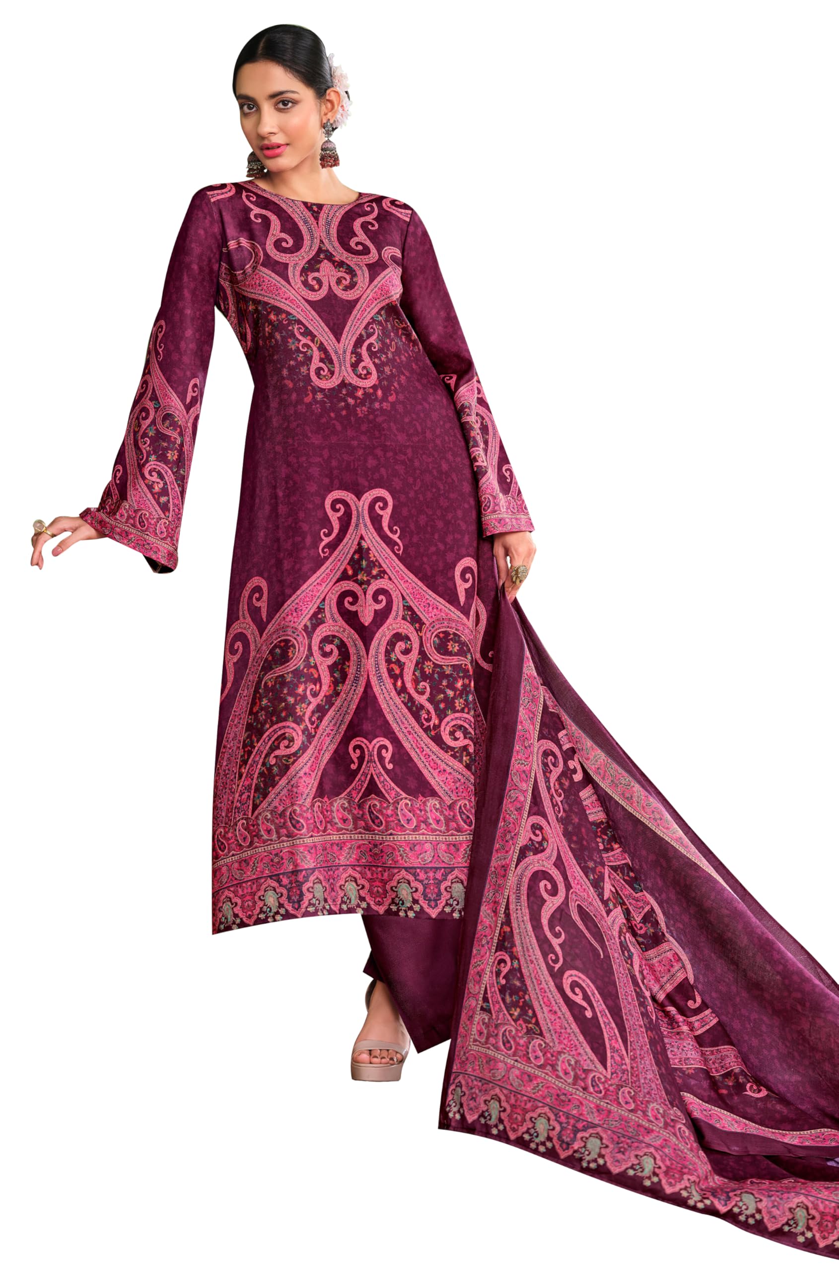 Dravinam Trends Women's Pure Viscose Pashmina Digital Kashmiri Printed Salwar Suit Material Set with Unstitch Bottom and Kashmiri Print Shawl Dupatta